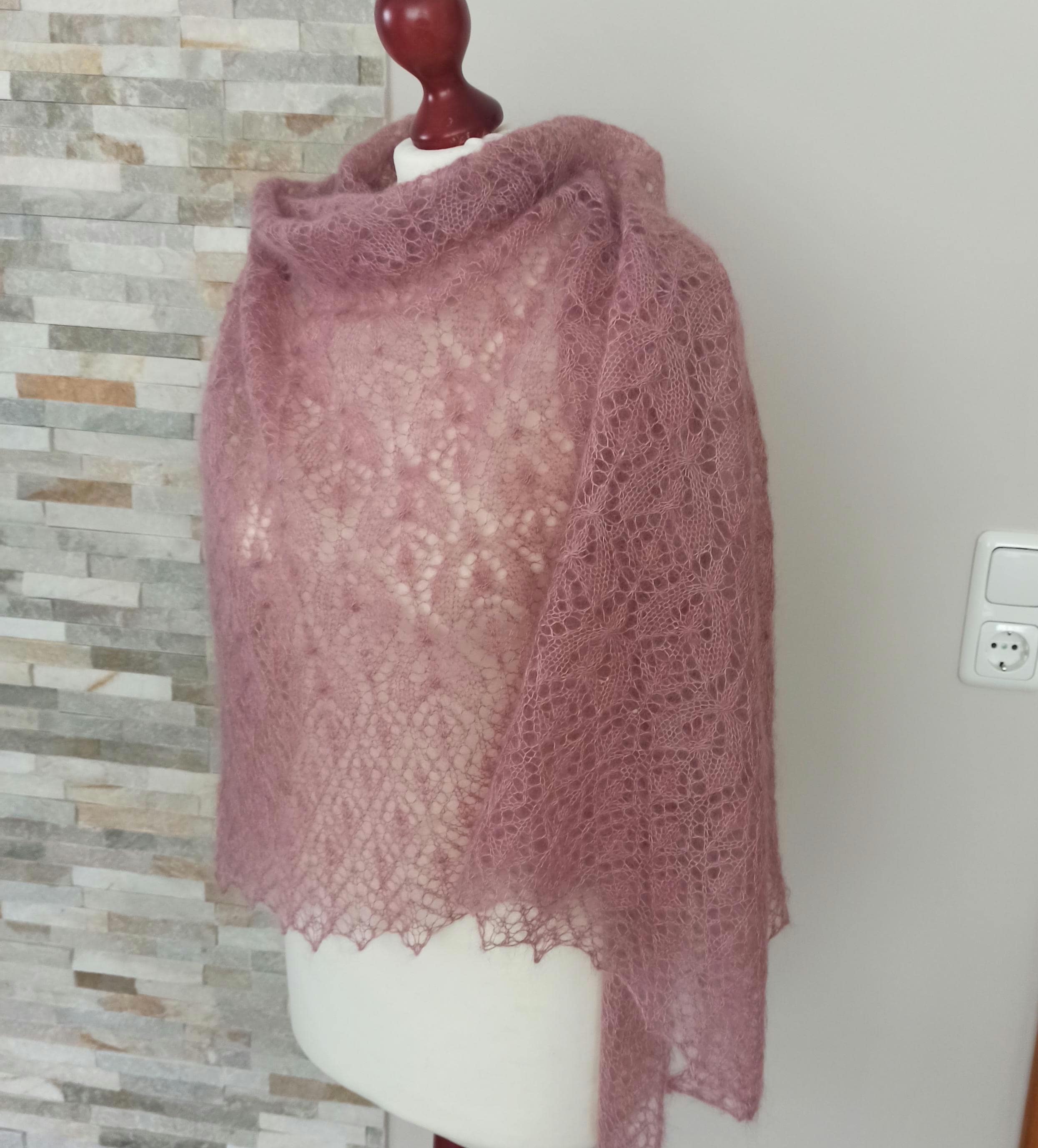 Hand Knitted Lace Shawl, Rose Mohair/Silk Lace Shawl, photo 4