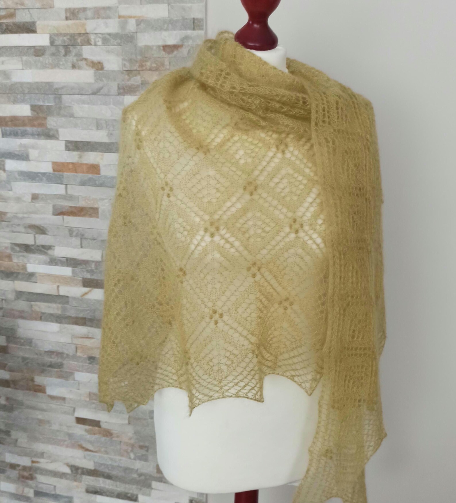 Hand Knitted Lace Shawl, Light Olive Green Silk Blend, photo 5