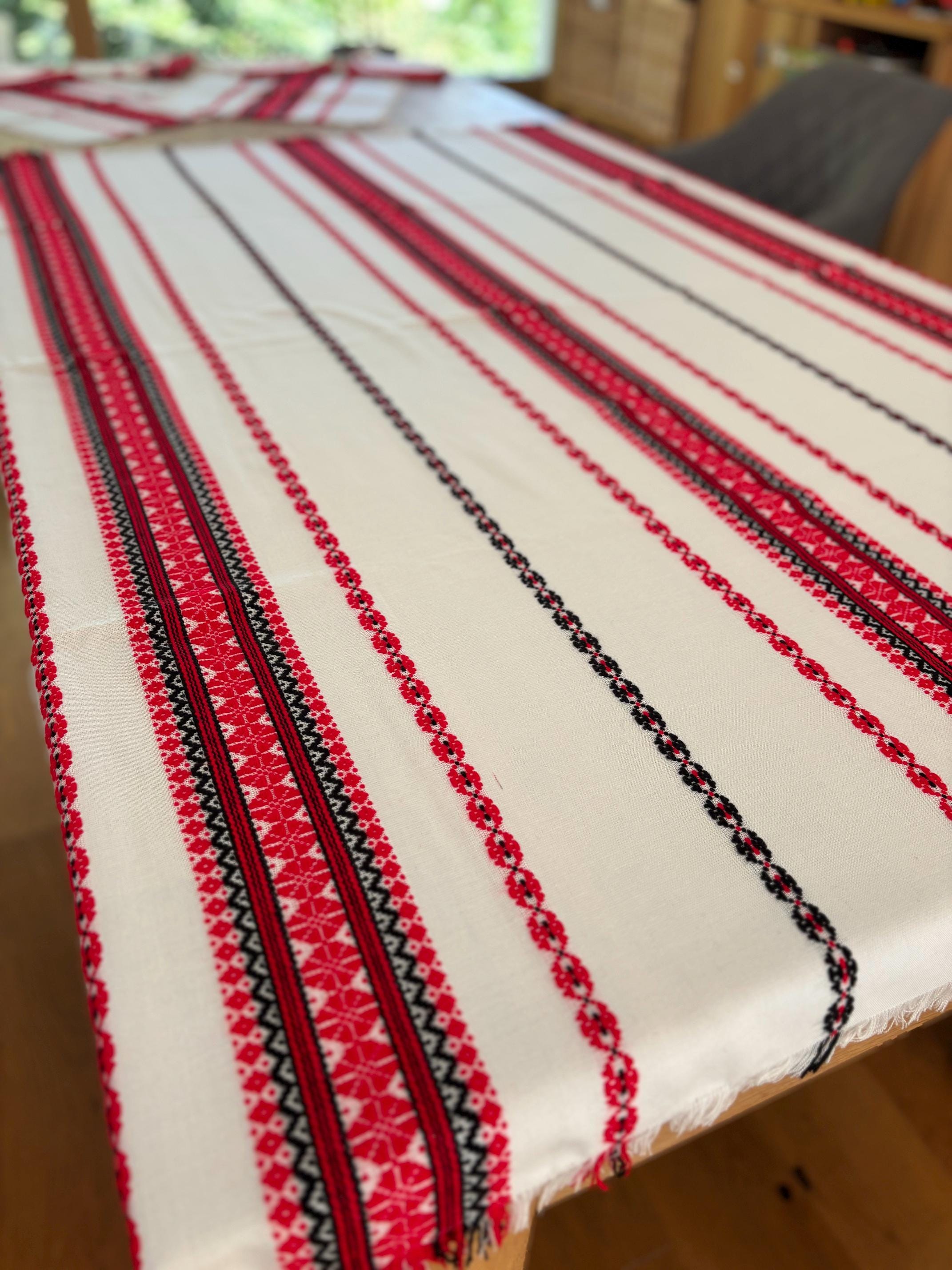 Woven Hungarian Tablecloth and Placemats Set | Red and Black Stripes, photo 3