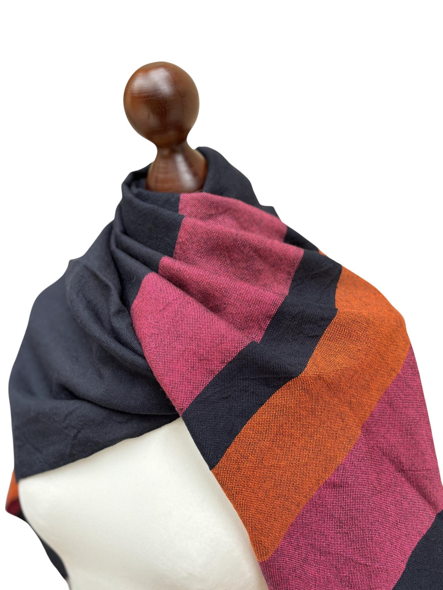 Navy Merino Wool Shawl, Pink Orange Dark Blue wrap, Handwoven Scarf, Customized Name
