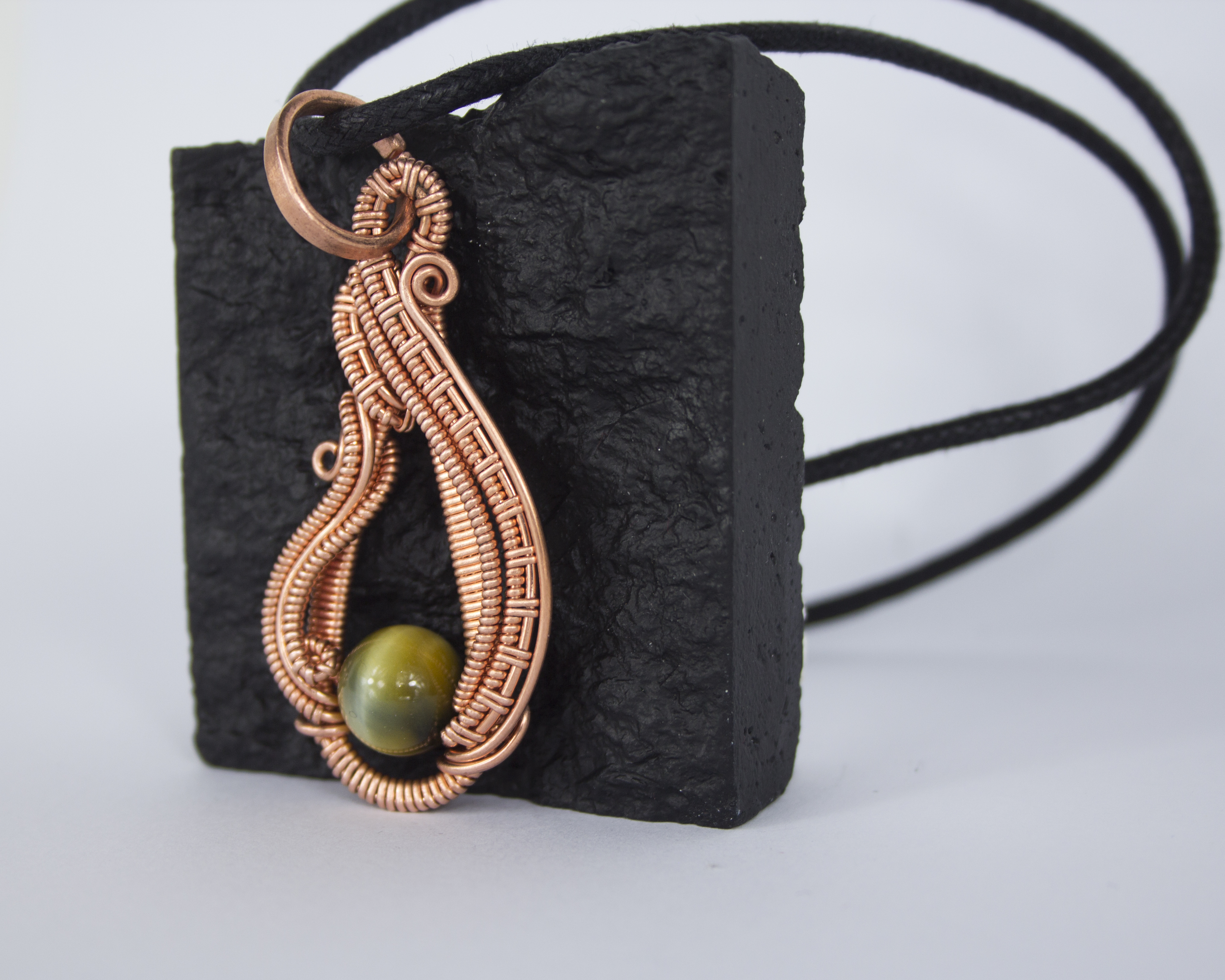 Wire Wrapped Blue Tiger Eye Pendant: Copper Swirl Necklace, photo 4