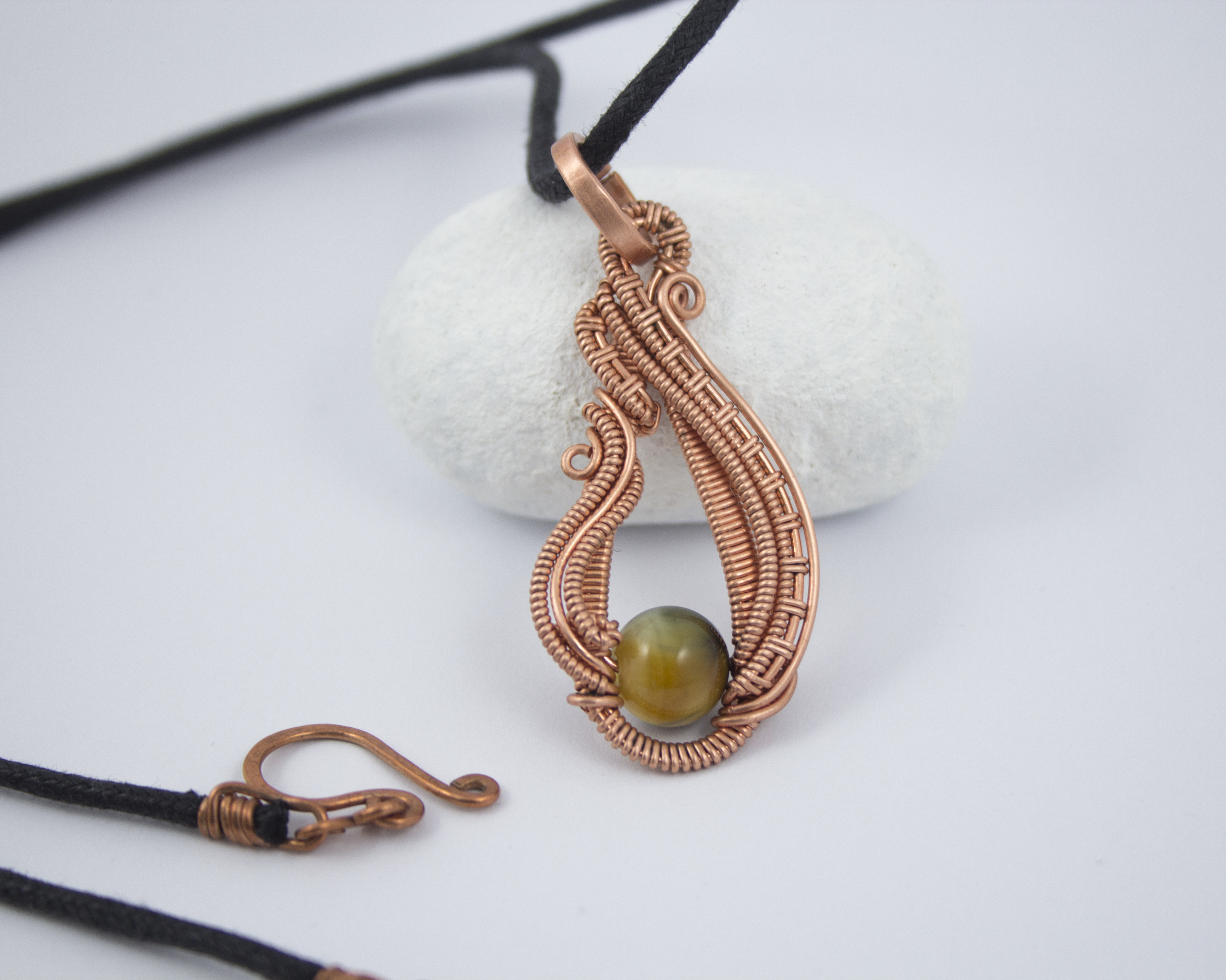 Wire Wrapped Blue Tiger Eye Pendant: Copper Swirl Necklace, photo 2