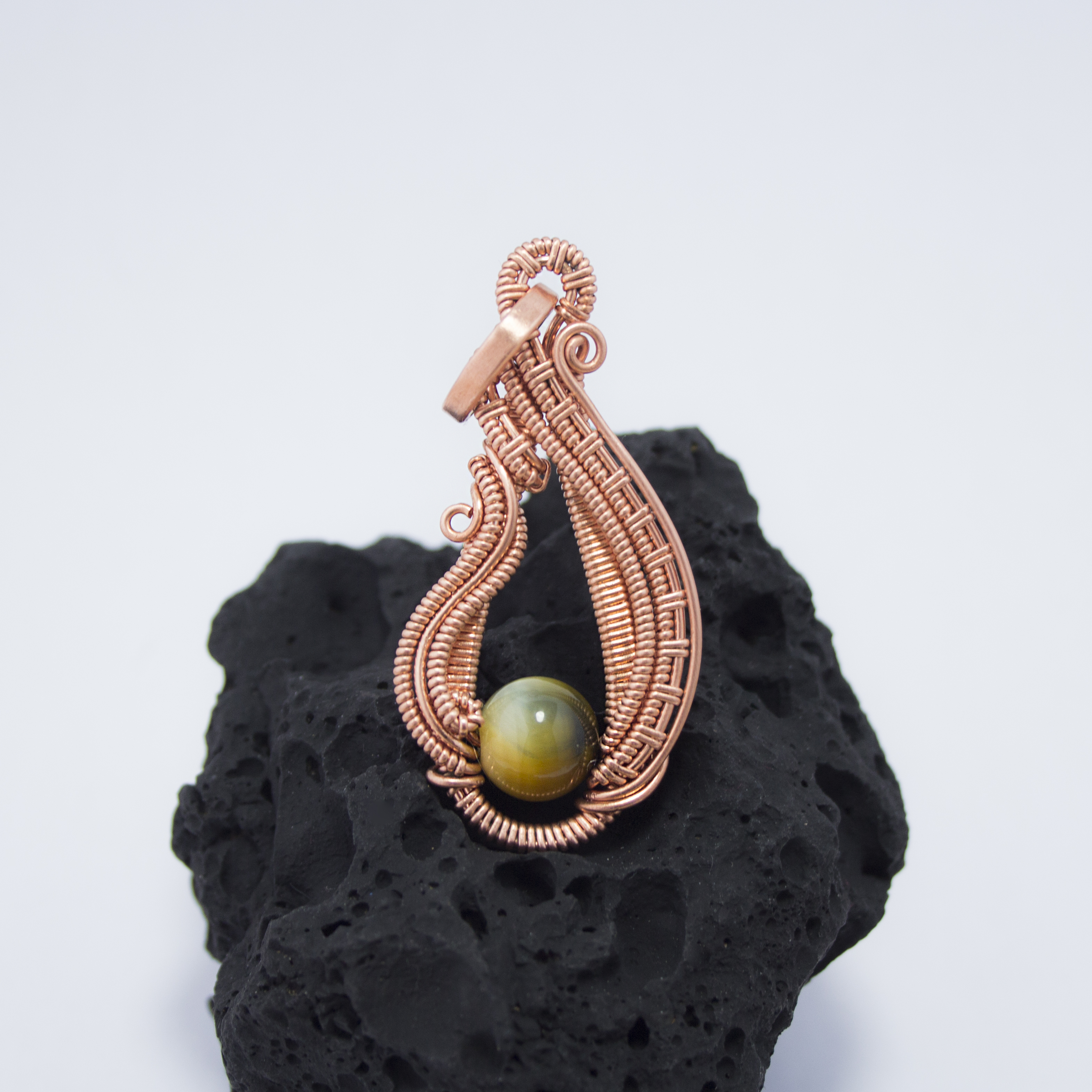 Wire Wrapped Blue Tiger Eye Pendant: Copper Swirl Necklace