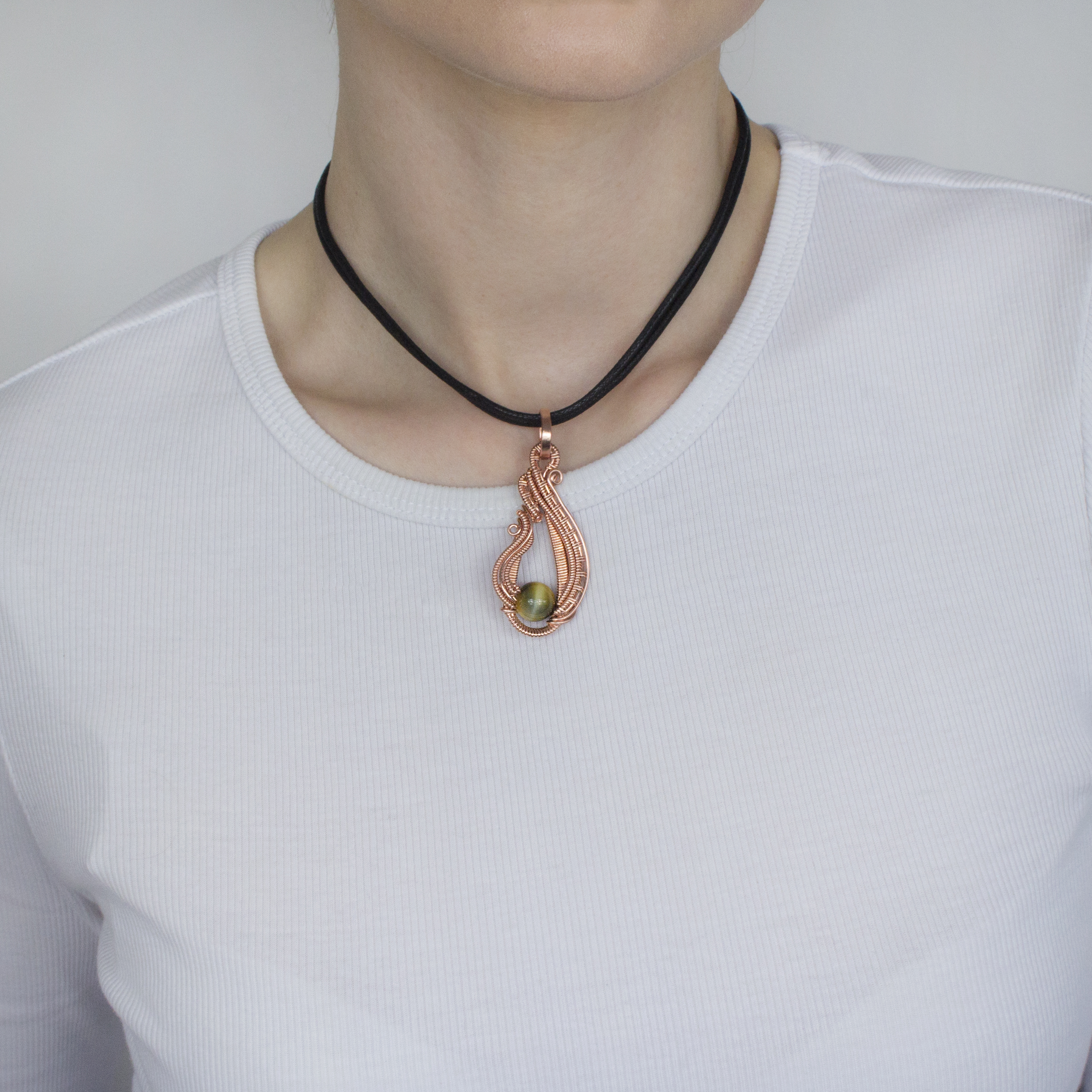 Wire Wrapped Blue Tiger Eye Pendant: Copper Swirl Necklace, photo 3
