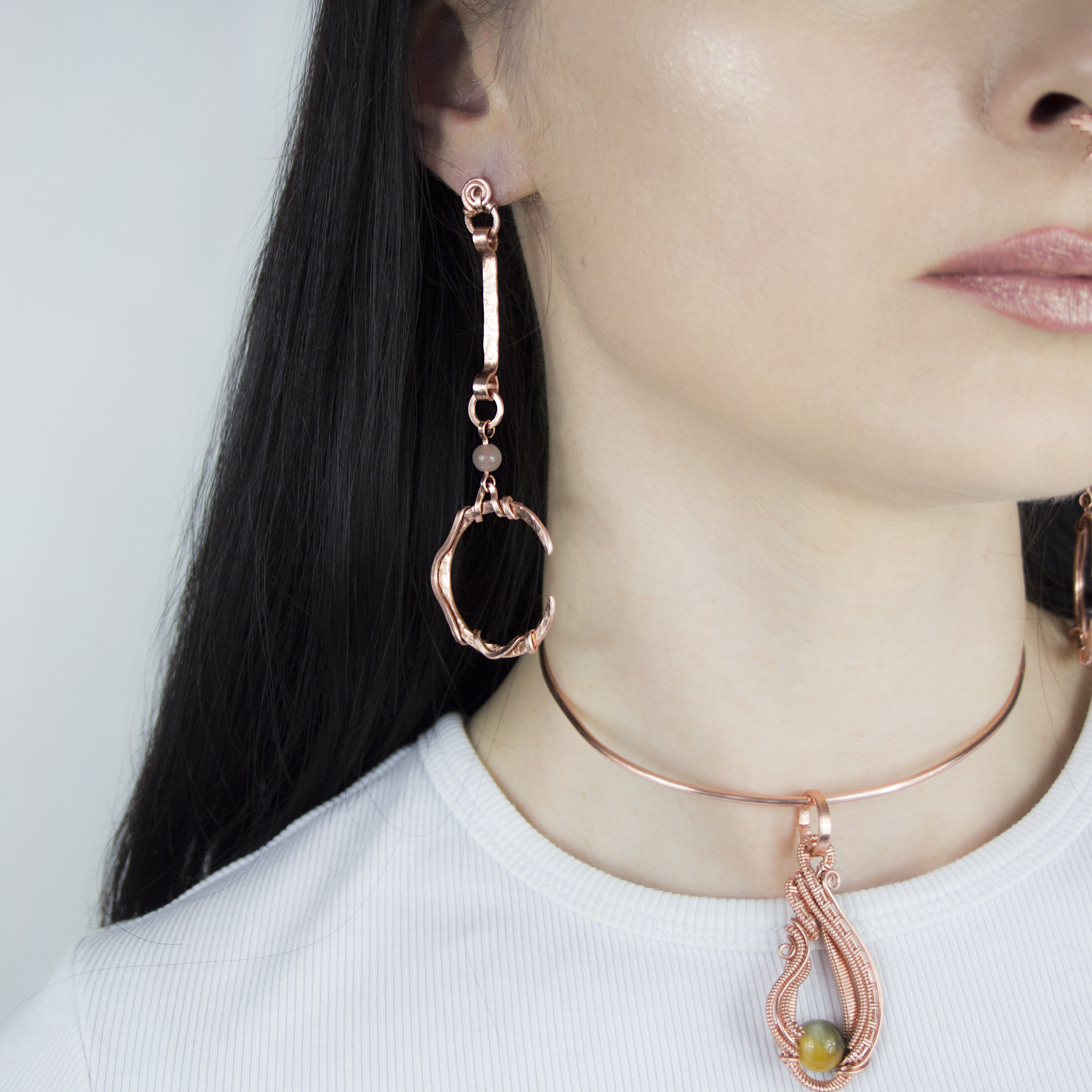 Crescent Sun Copper Stud-Earrings with Sunstone Gemstones, photo 2