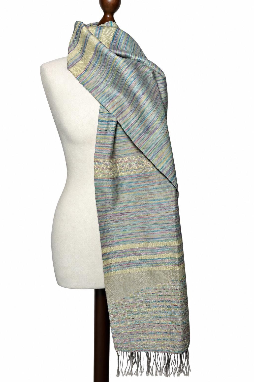 Handwoven Silk Scarf: Green Blue Yellow Floral Shawl Wrap, photo 3