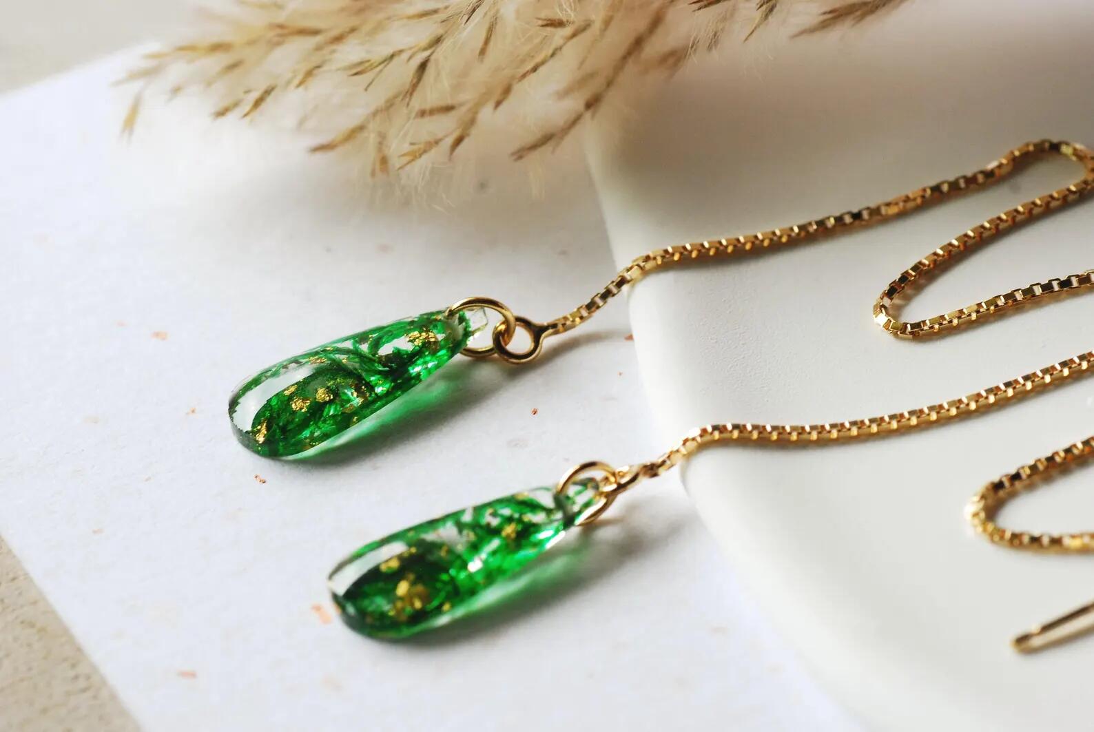 Botanical Resin Threader Earrings - Gold Teardrop Moss, photo 6