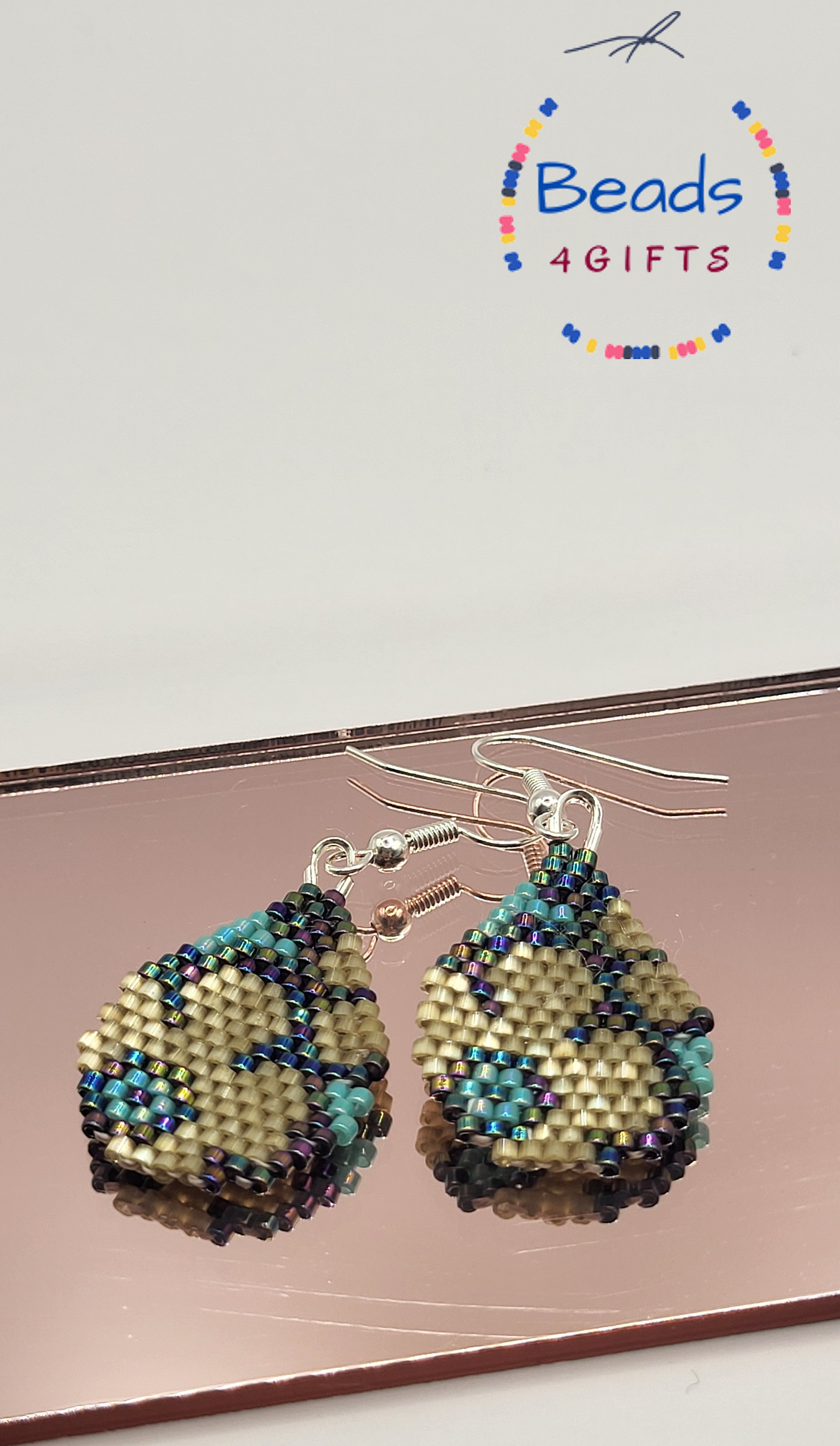 Hand Beaded FLOWER Drop 2 Tones Earrings, Miyuki Beads Dangles, Gift for Her, photo 2
