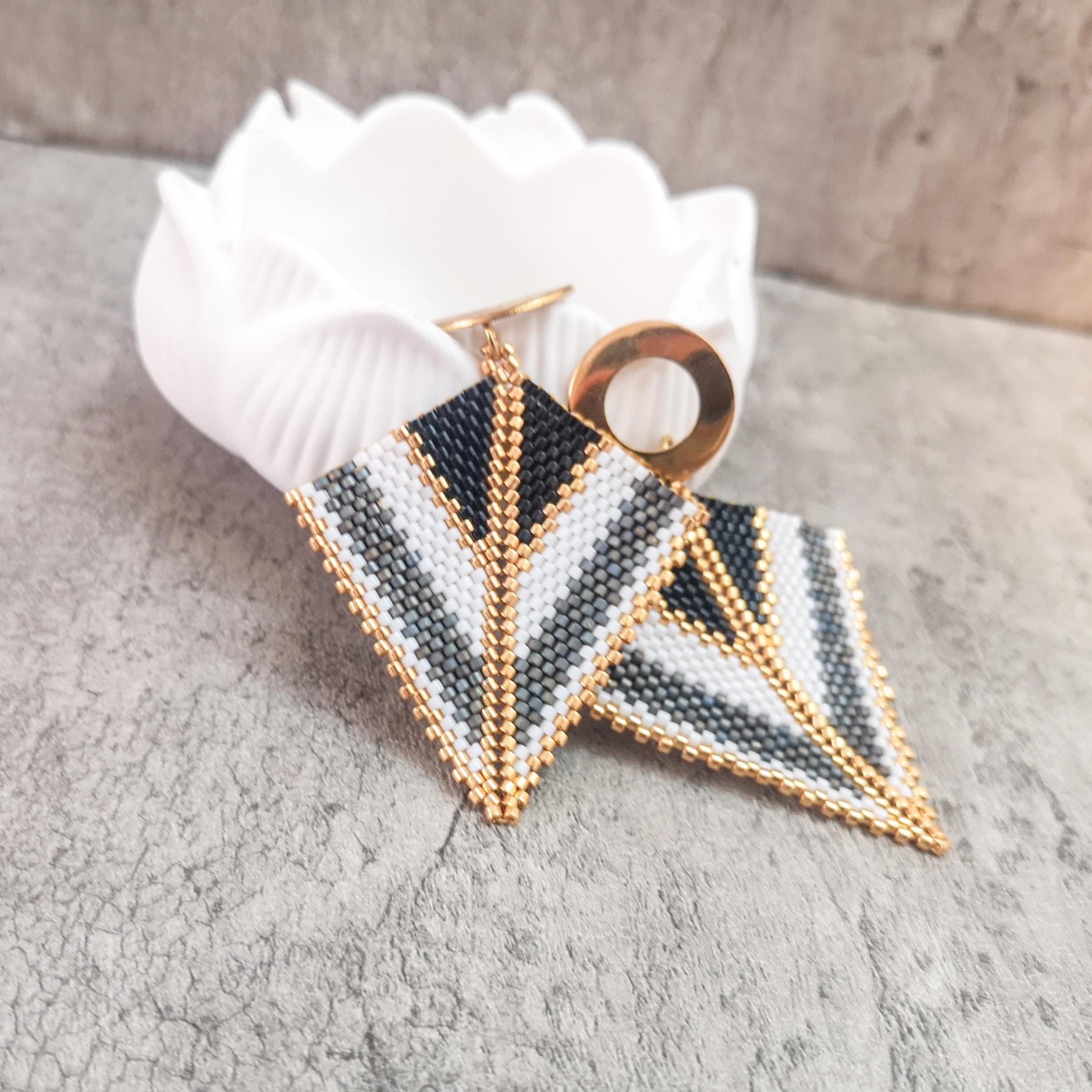 Geometric beaded earrings, triangular black, white, gray and gold earrings