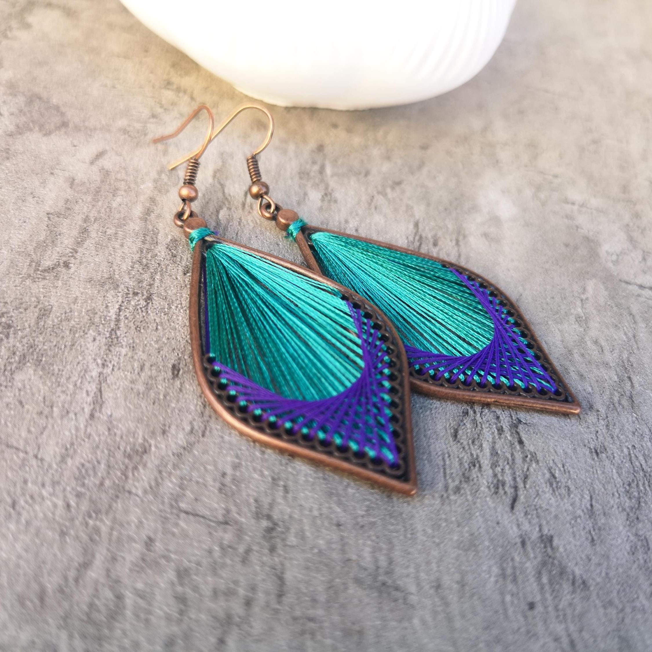 Peruvian thread teardrop earrings, Teal and purple  dangle earrings