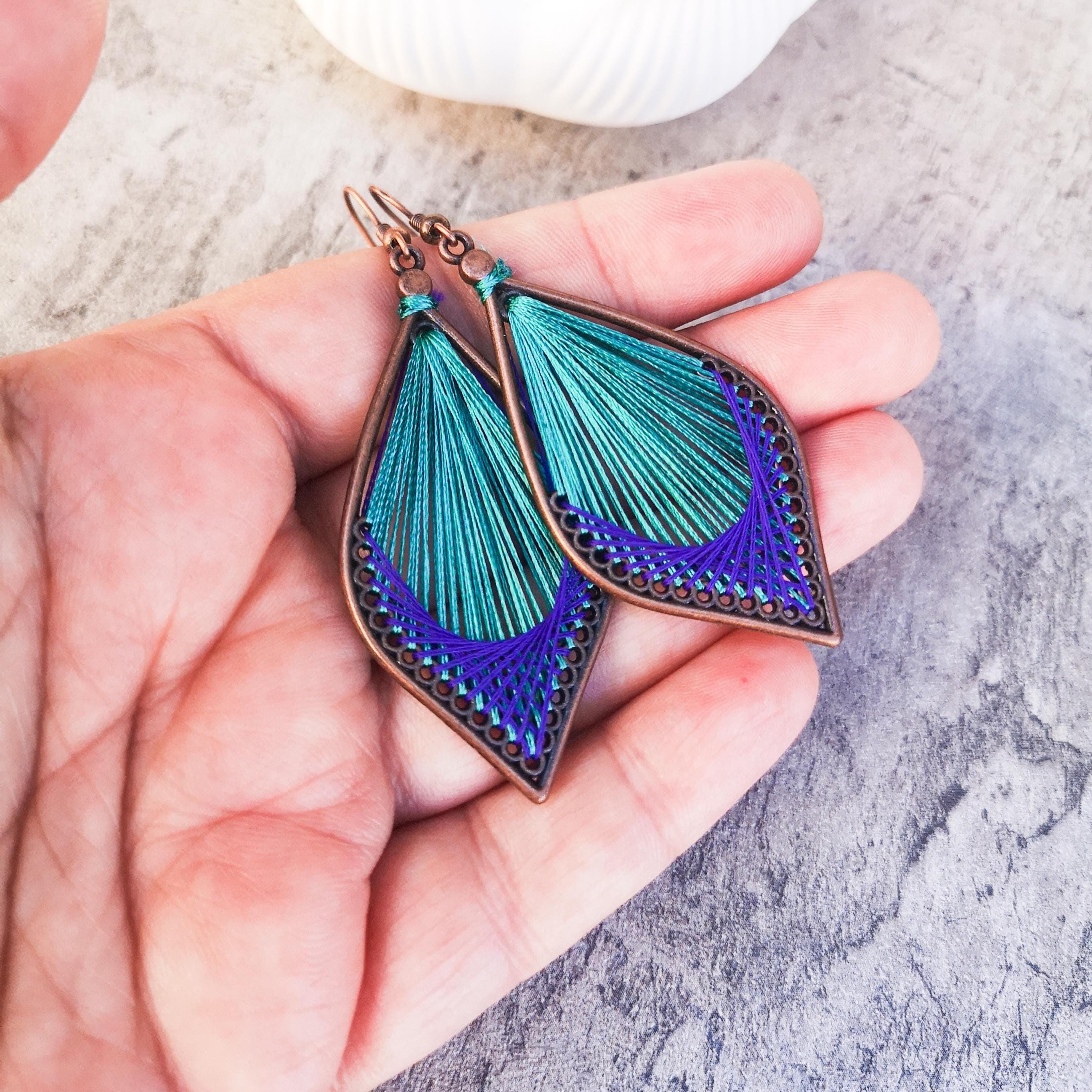 Peruvian thread teardrop earrings, Teal and purple  dangle earrings, photo 5
