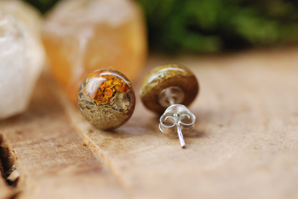 Botanical Resin Earrings With Orange Lichen On Silver Studs, photo 5