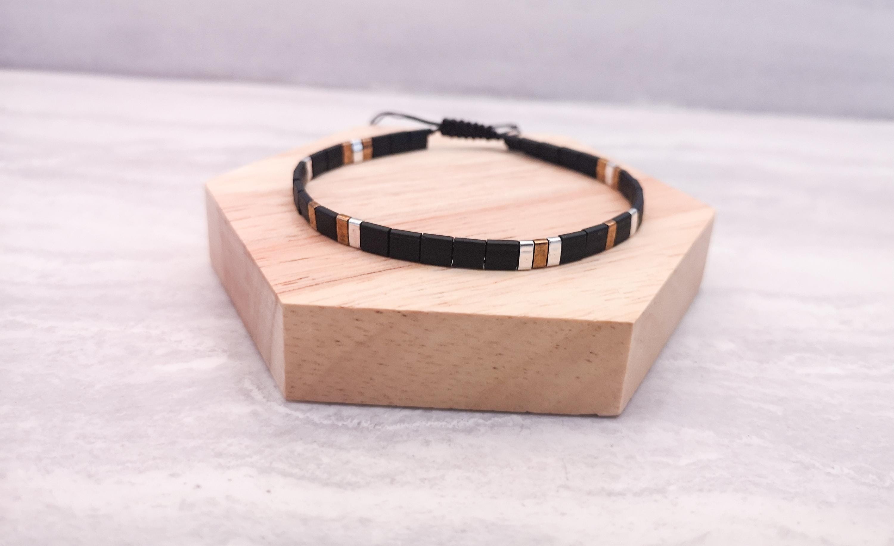 Beaded bracelet, unisex black glass beads bracelet, photo 3