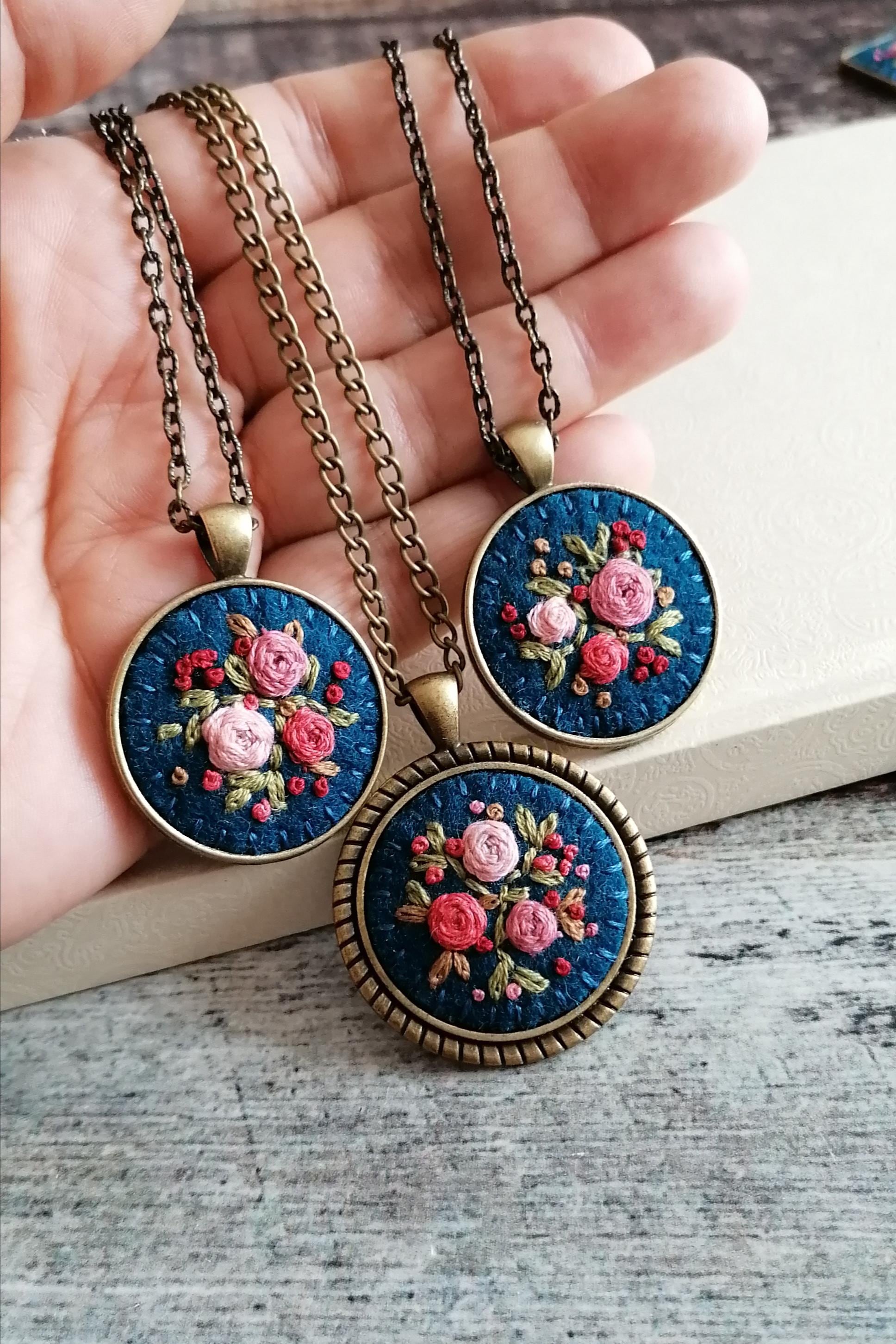 Hand Embroidered Necklace and Earrings, Pink Floral Rose Pendant, Dark Teal Blue Embroidery Necklace, photo 2