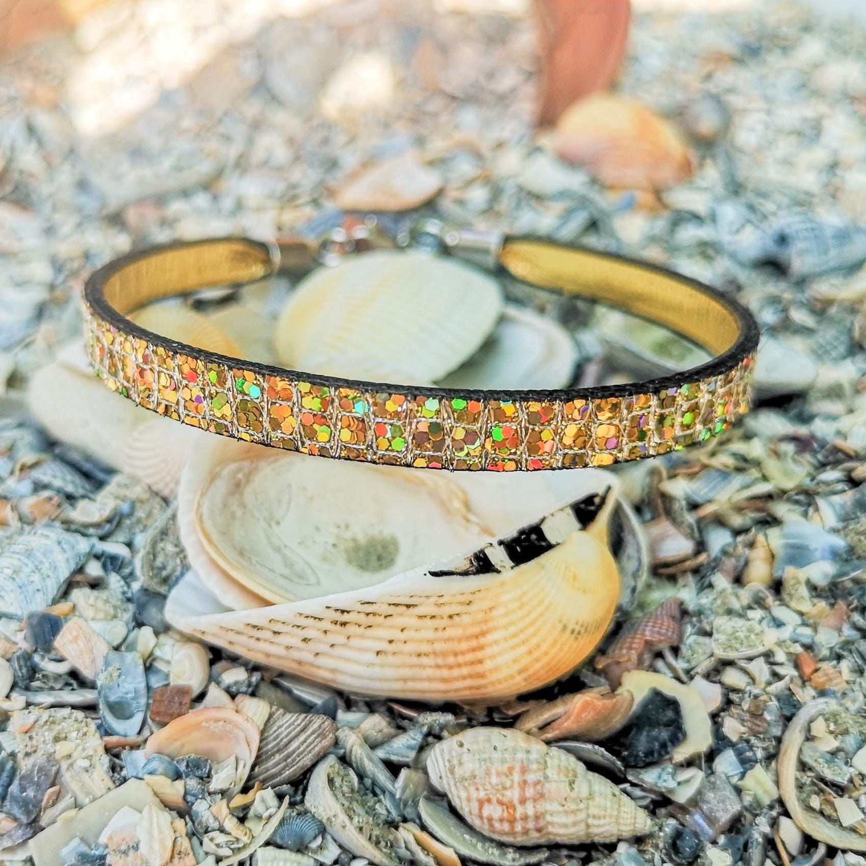Gold glitter genuine leather bracelet, sparkly minimalist wristband