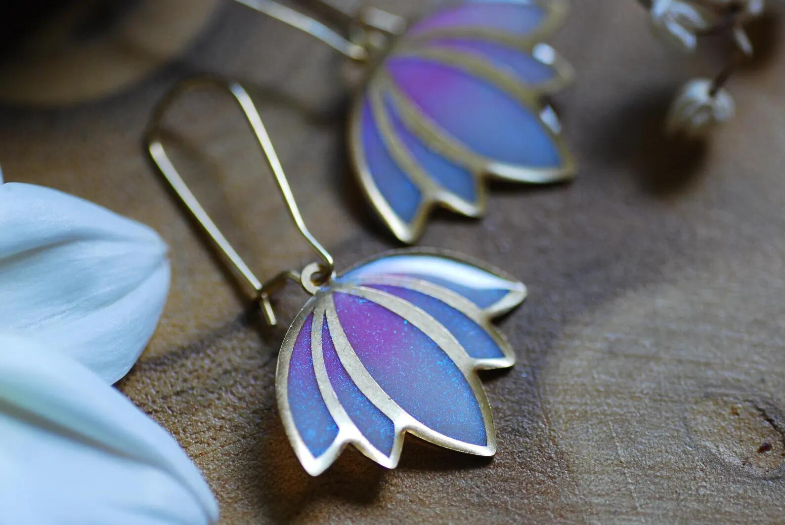 Iridescent Lotus Flower Earrings - White and Pink Pastel Dangles, photo 3
