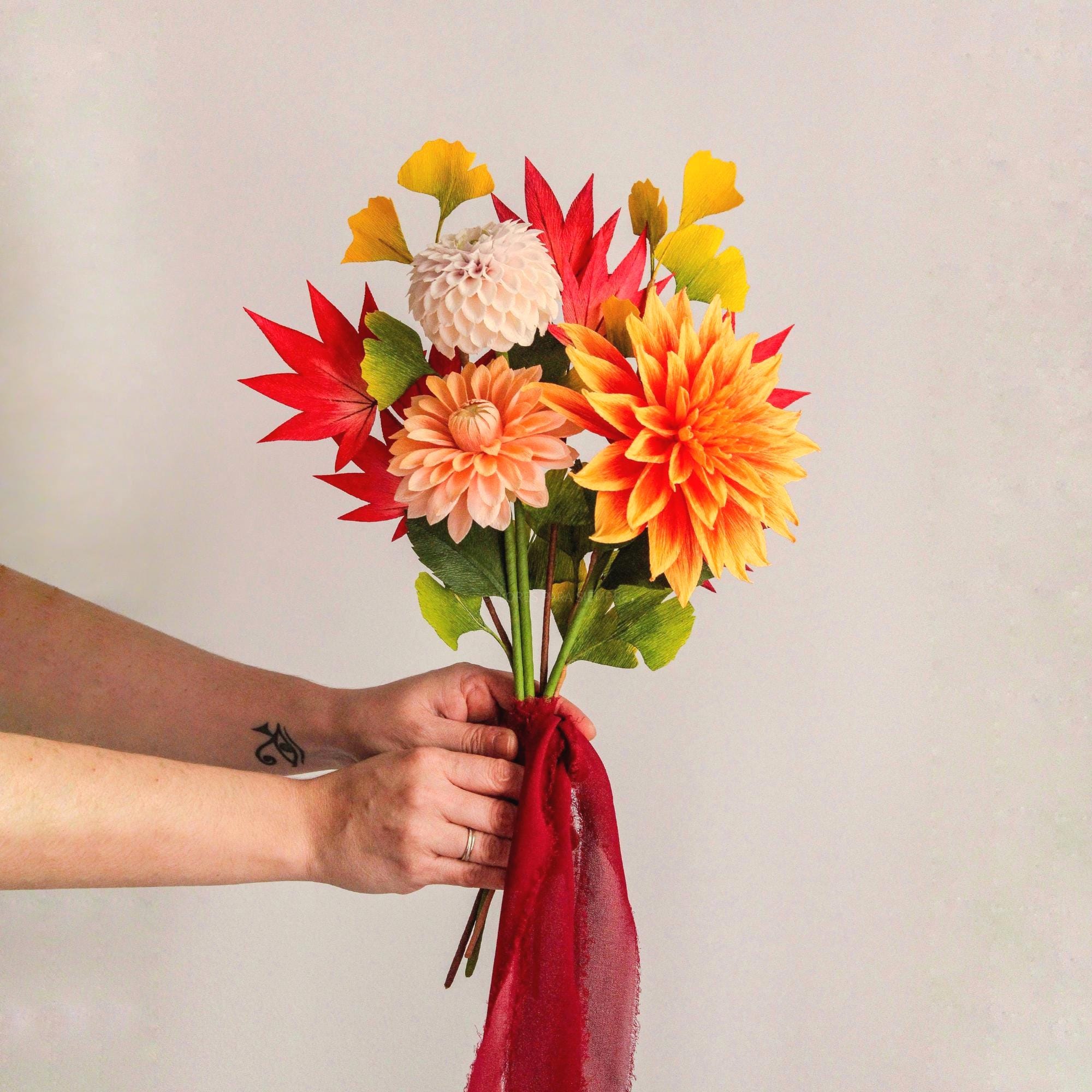 Handmade crepe paper dahlia bouquet for Autumn decor and weddings