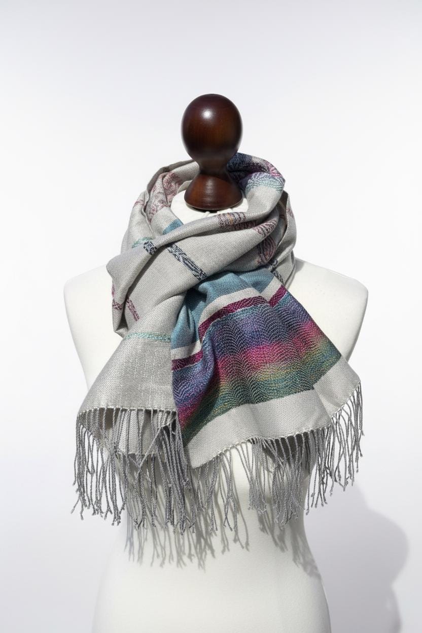 Handwoven Silk Wool Blend Scarf | Silver Blue Infinity Wrap (42x162cm), photo 4