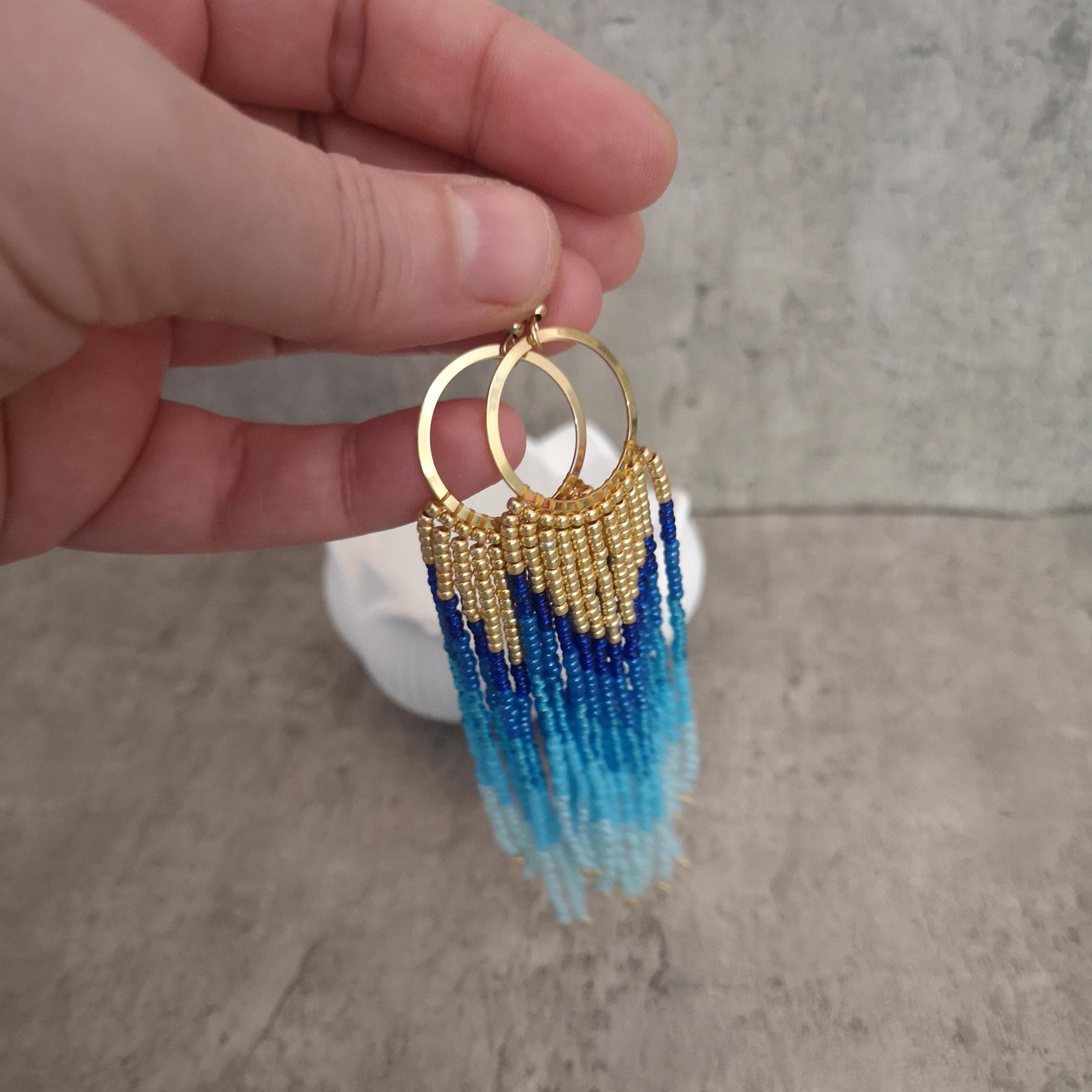Gold and blue beaded fringe earrings, long earrings, photo 4