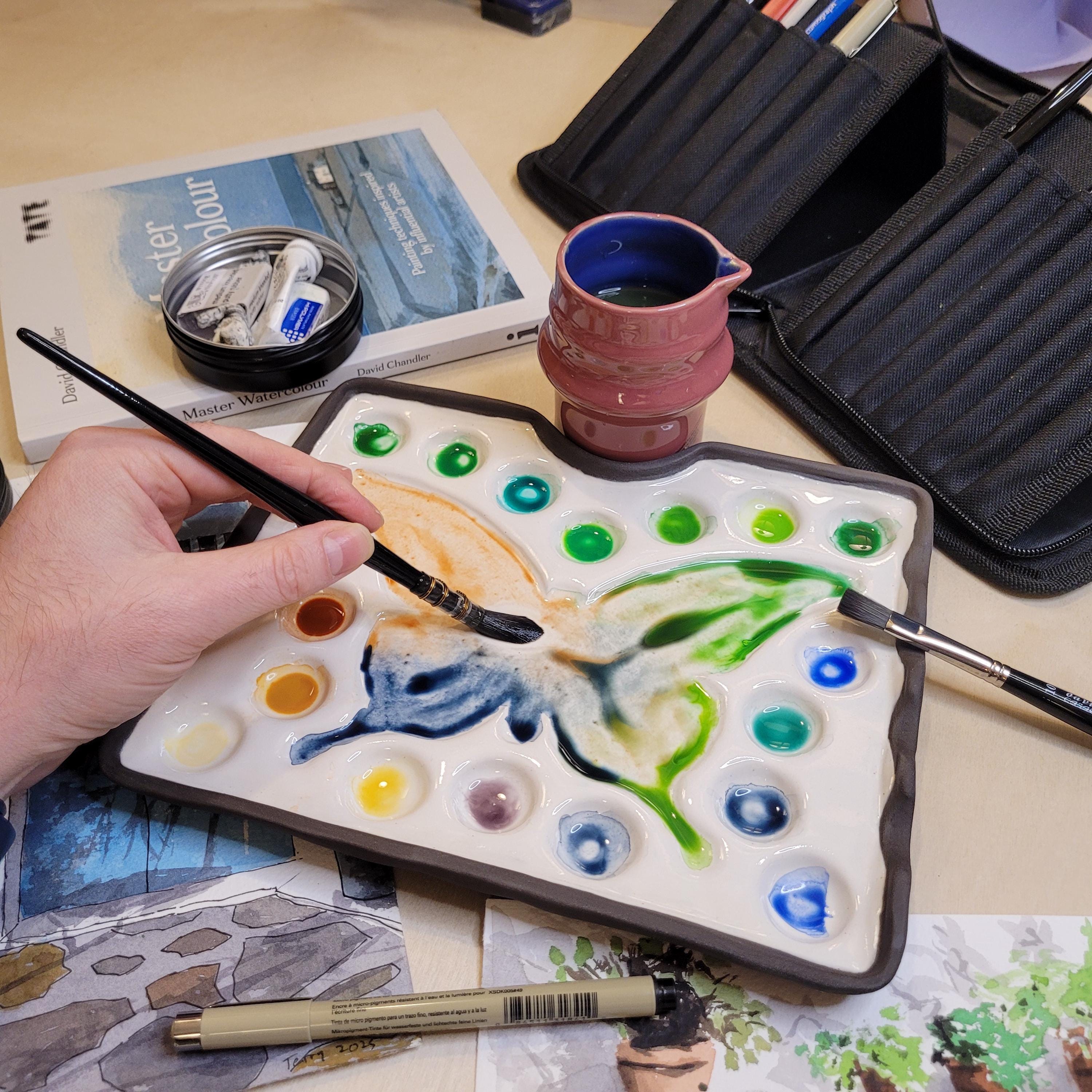 Handmade Butterfly Ceramic Palette – Durable Stoneware with 4 Integrated Brush Rests, 18 Paint Wells and A Large Mixing Area, photo 2