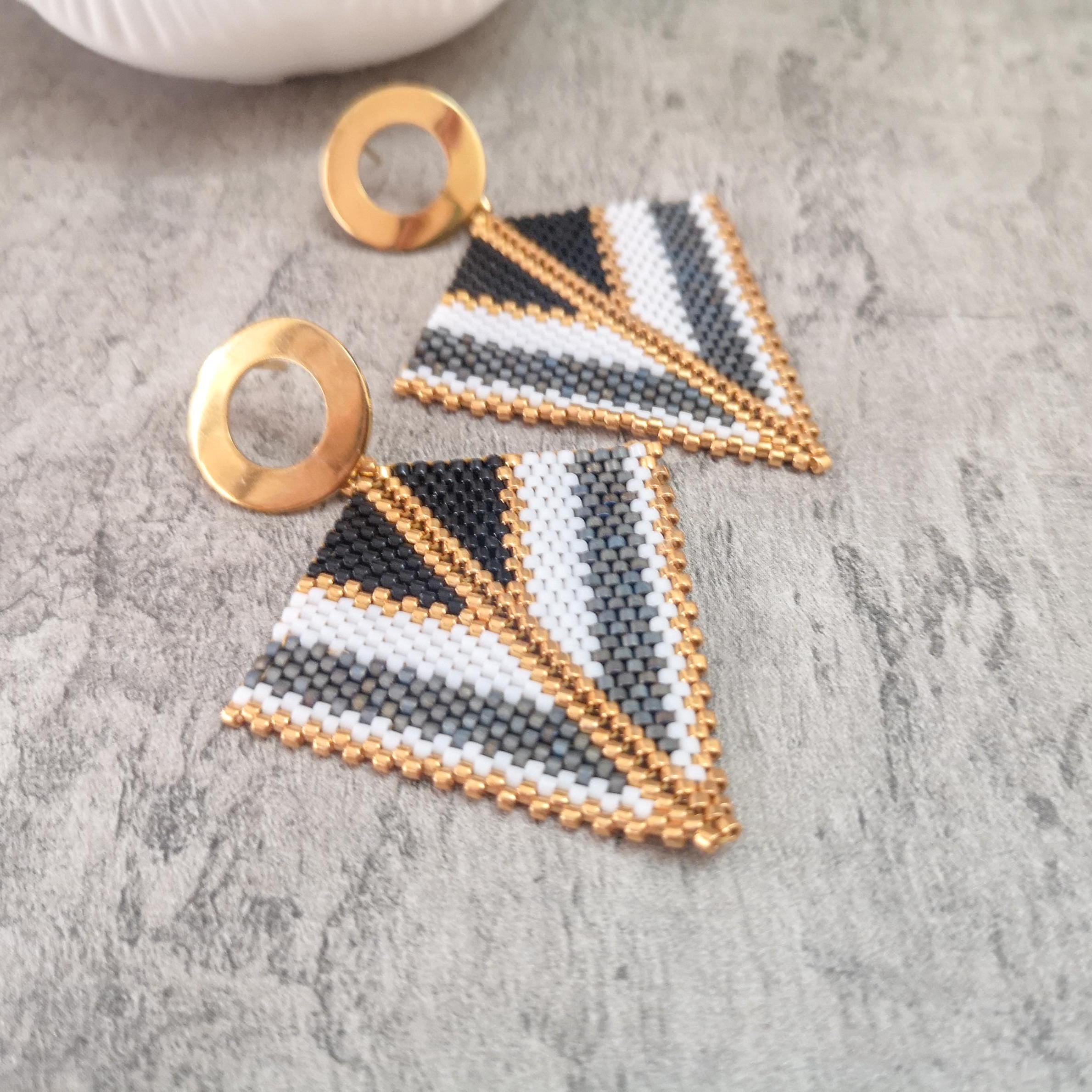 Geometric beaded earrings, triangular black, white, gray and gold earrings, photo 2