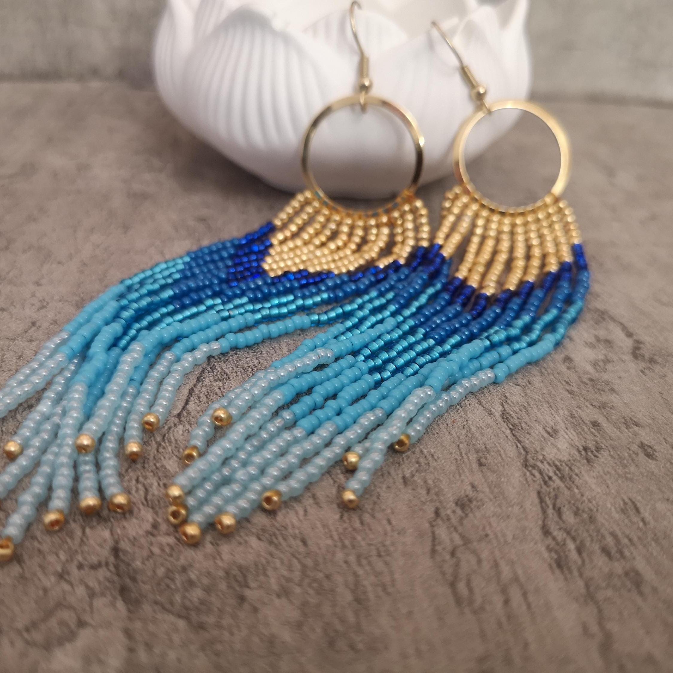 Gold and blue beaded fringe earrings, long earrings, photo 3