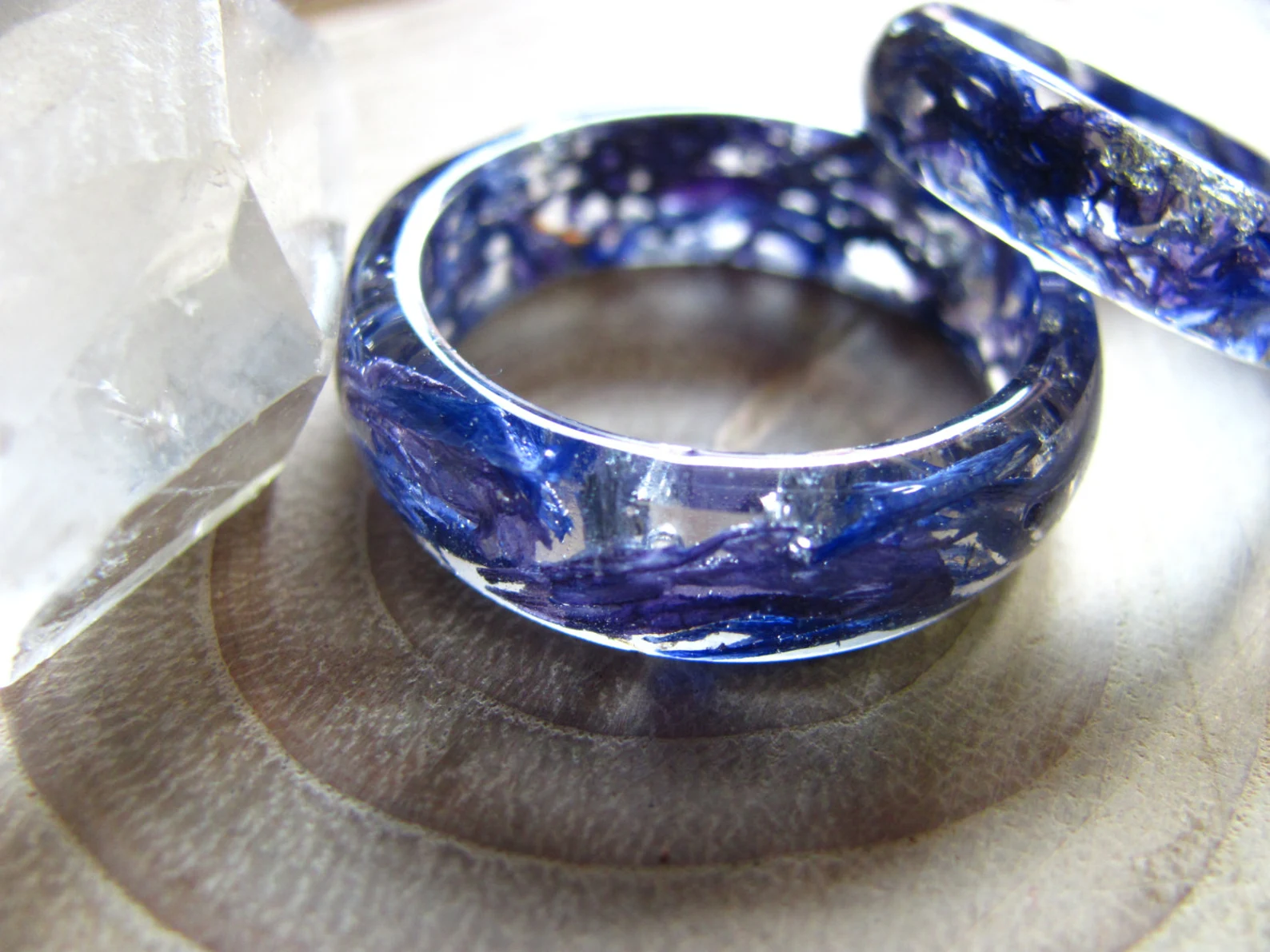 Real Cornflower Resin Ring - Midnight Bloom Silver Flake Band, photo 5