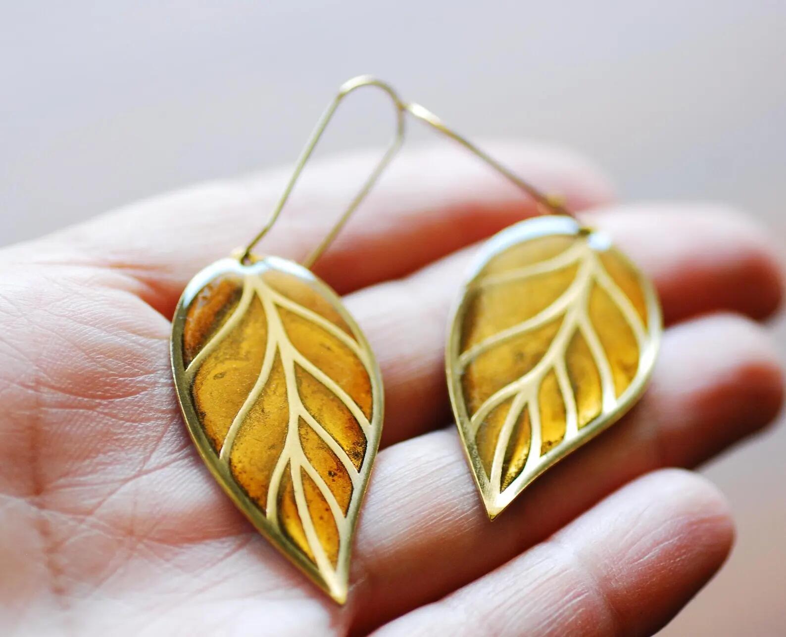 Botanical Gold Leaf Earrings - Shifting Bronze and Gold Leaf Dangles, photo 4