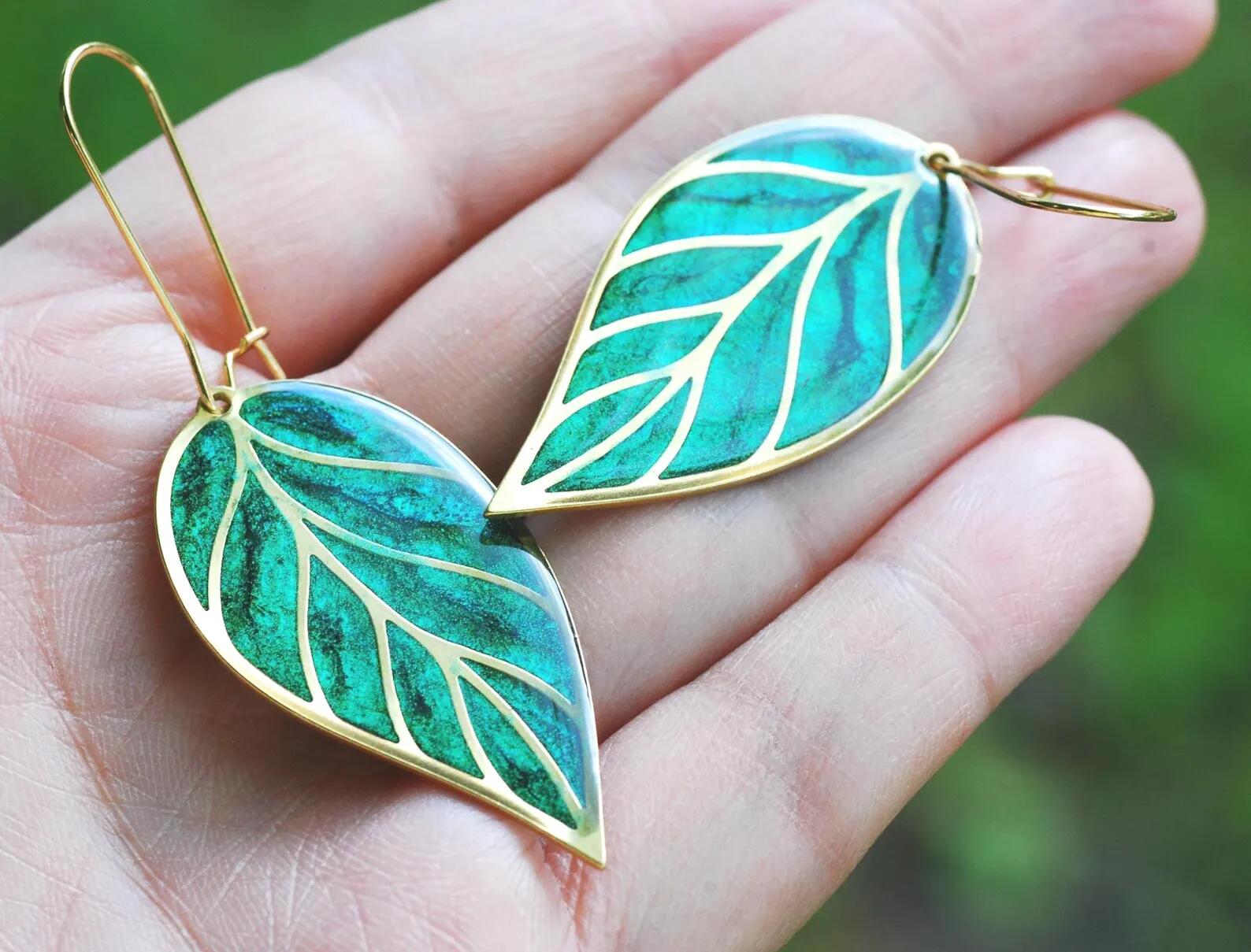 Green Leaf Earrings – Shifting Teal and Green Leaf Dangles, photo 6