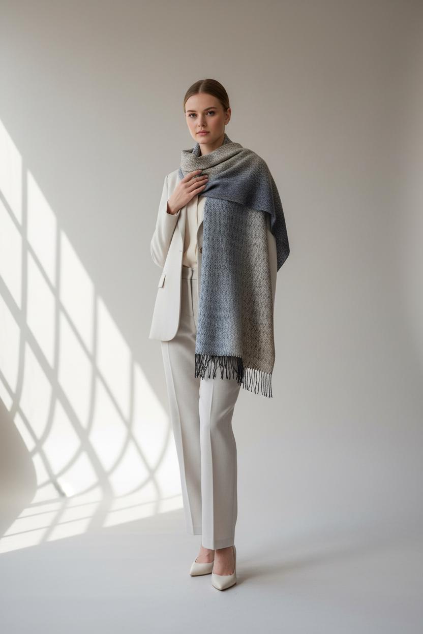 Bluish-Grey Luxurious Scarf, Handwoven Merino Scarf, Personalized with Monogram, photo 3