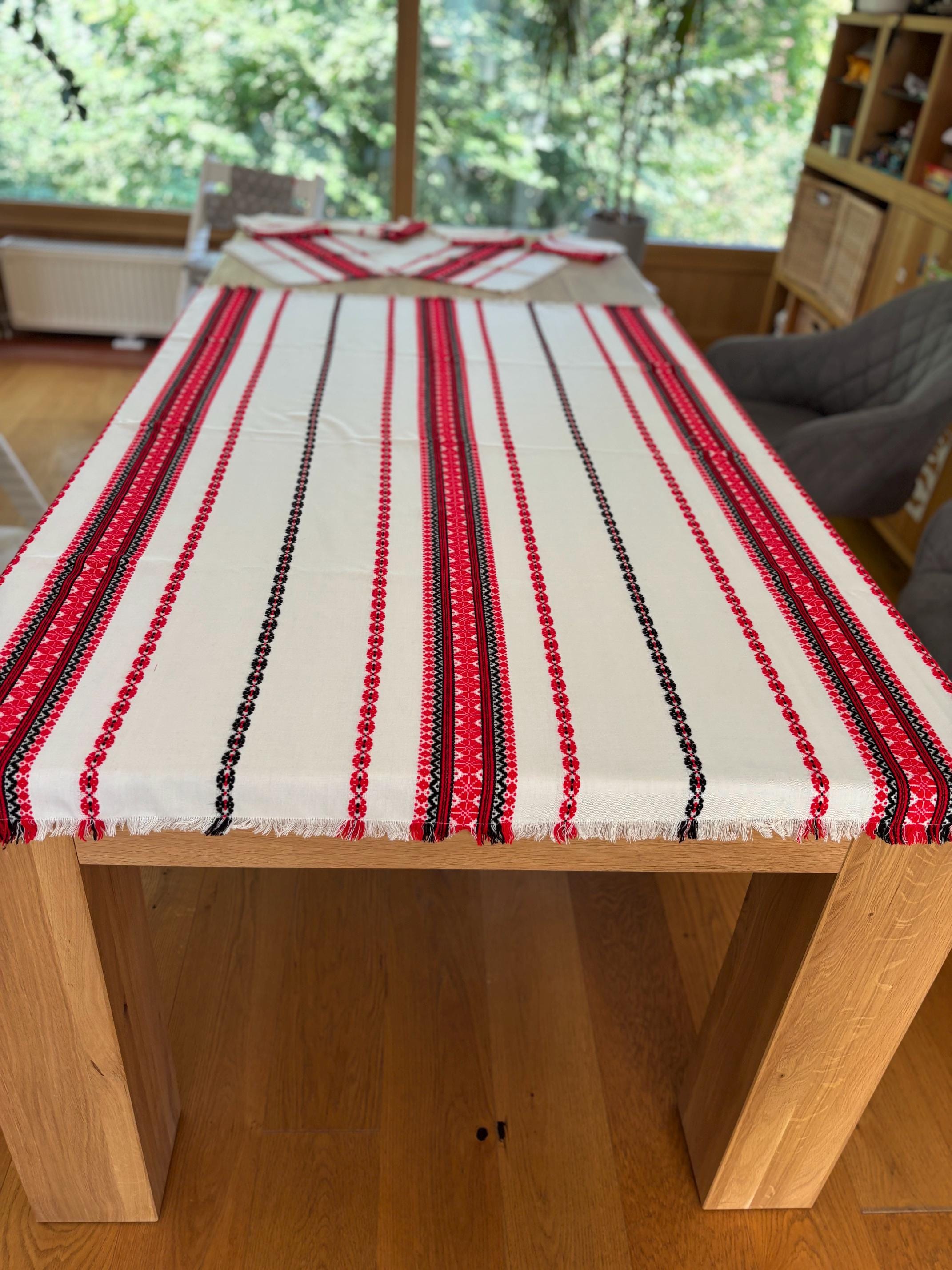 Woven Hungarian Tablecloth and Placemats Set | Red and Black Stripes, photo 5