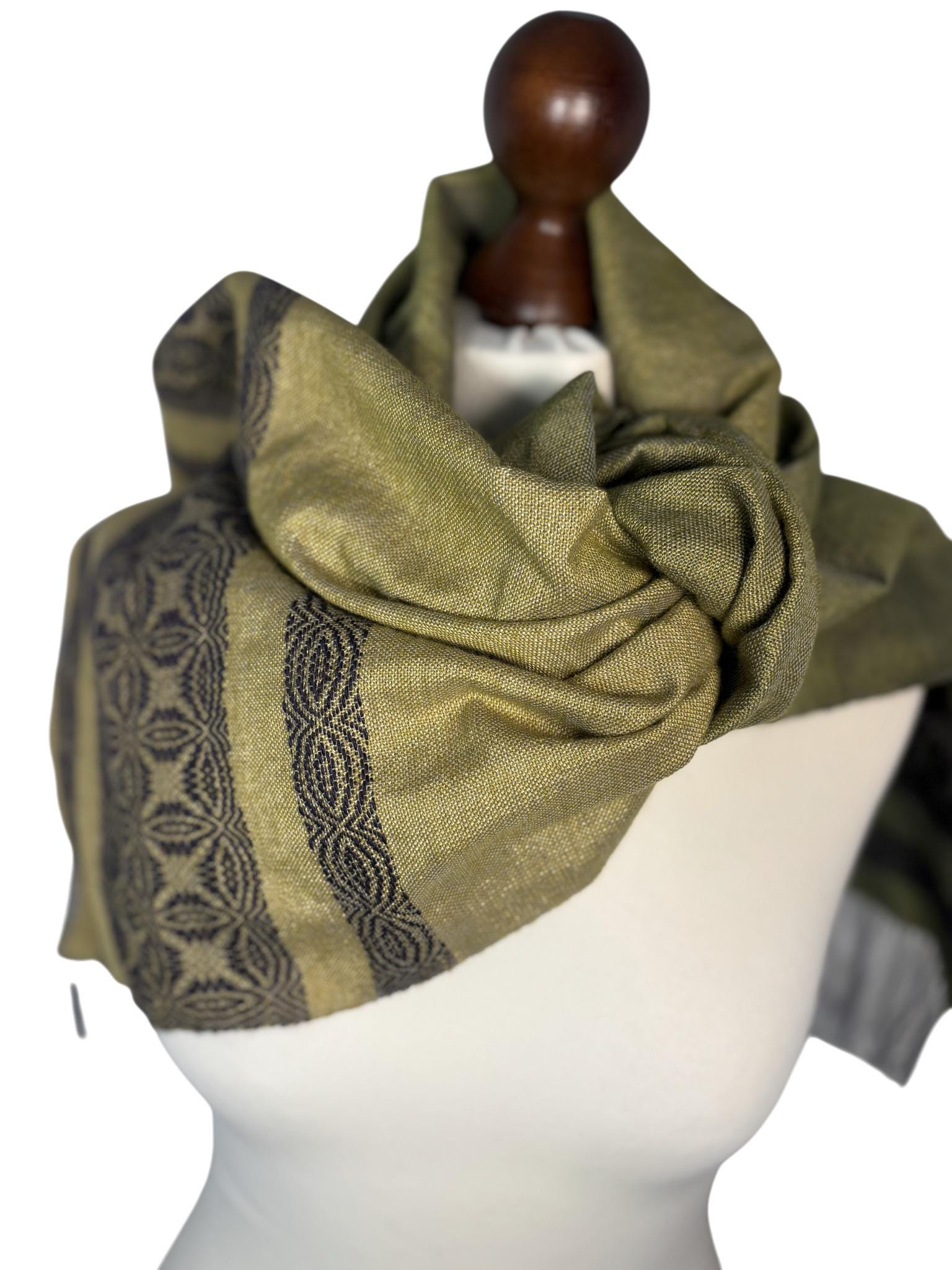 Handwoven Personalized Green Ombré Silk Camel Hair Scarf, Artisan Fringe, Personalized Shawl