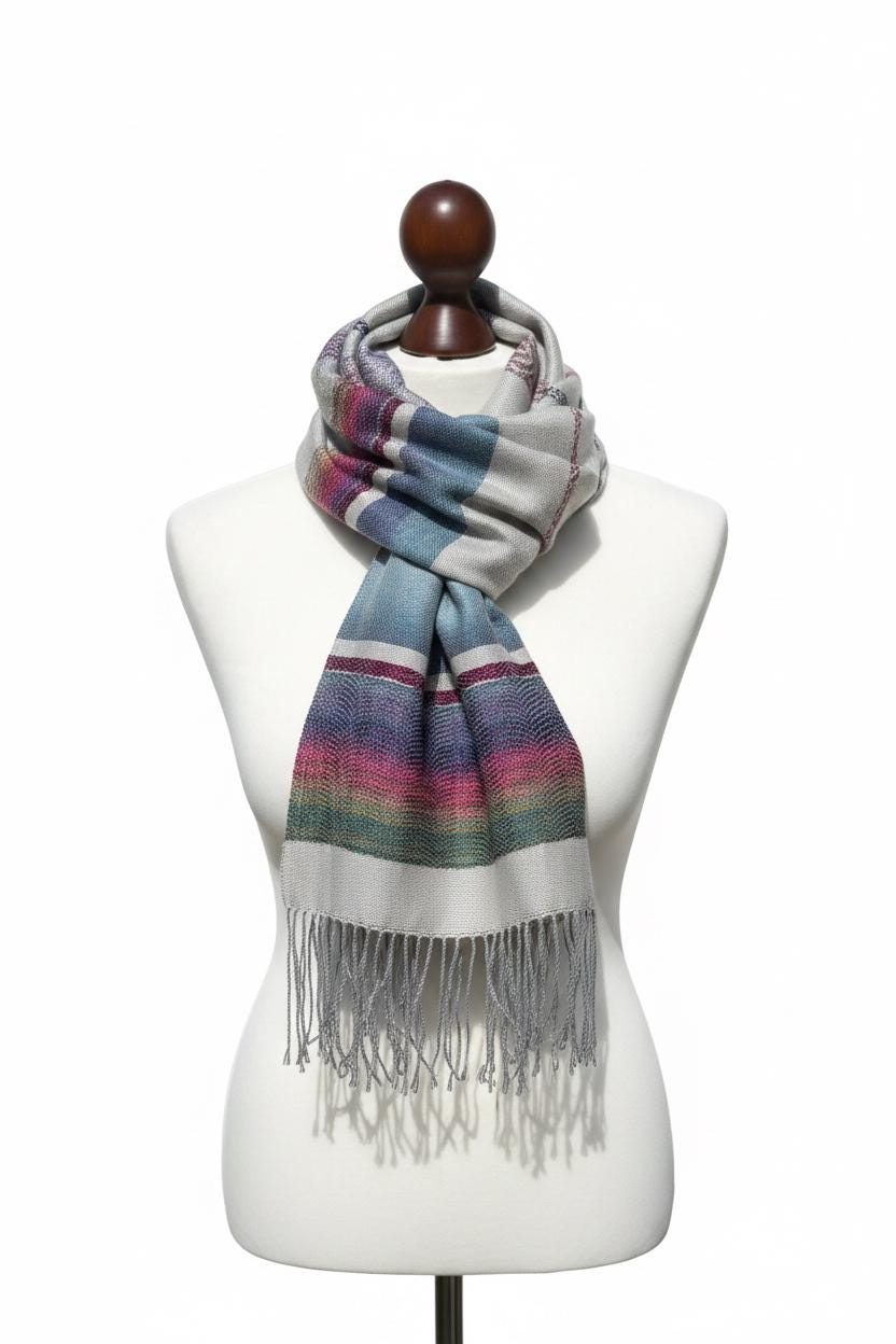 Handwoven Silk Wool Blend Scarf | Silver Blue Infinity Wrap (42x162cm)