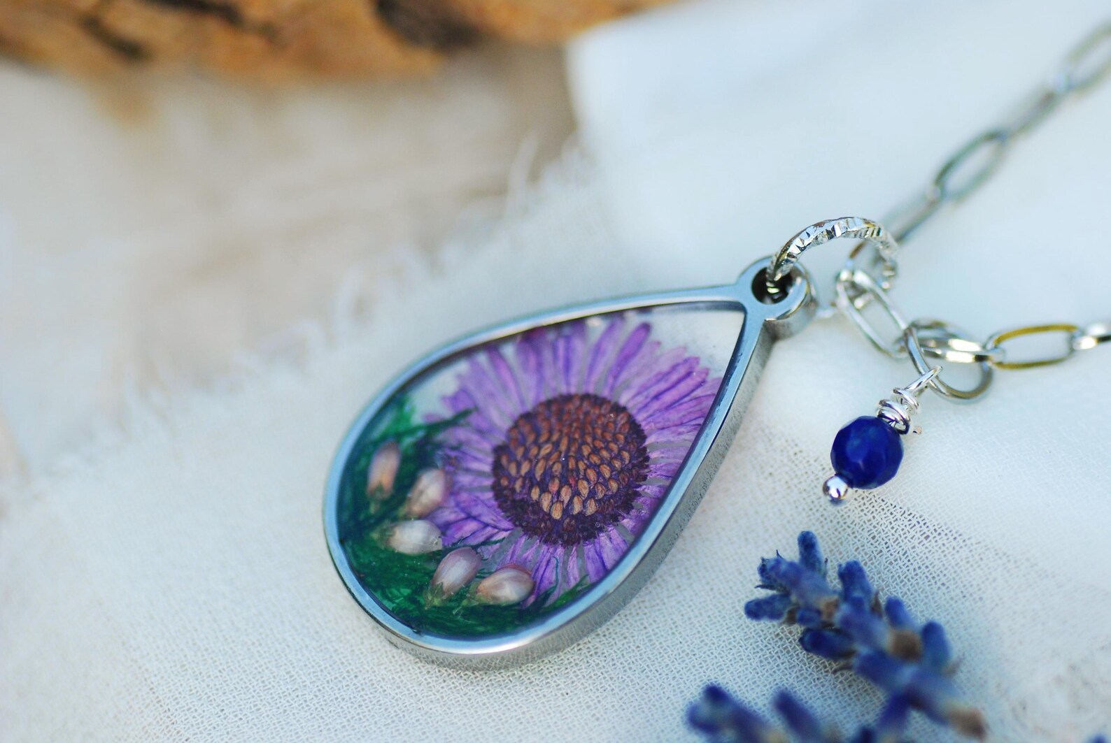 Botanical Resin Necklace - September Aster &amp; Lapis Pendant, photo 3