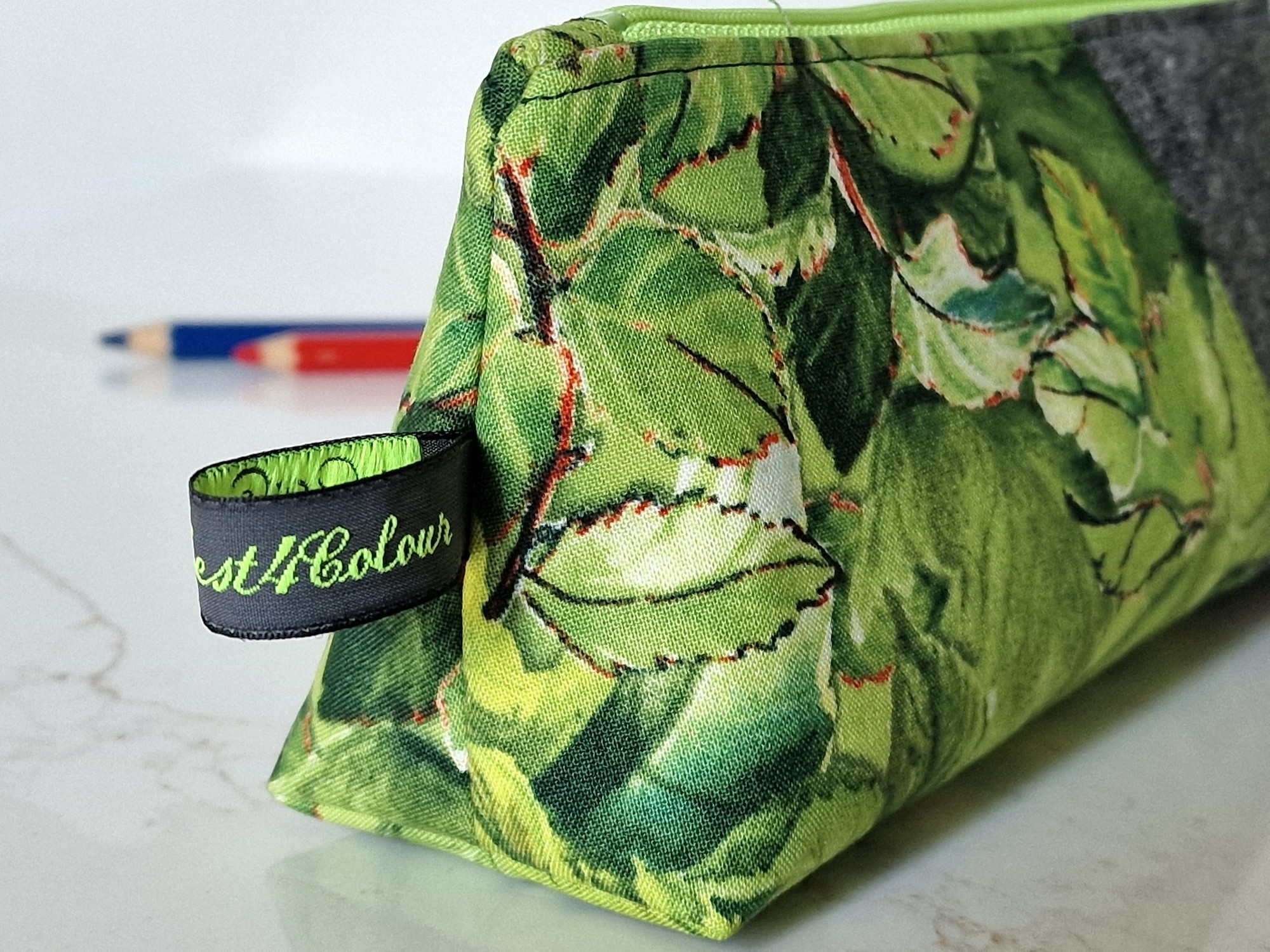 Green Leaves Cotton Pencil Case: Zippered Makeup Cosmetic Bag, photo 3