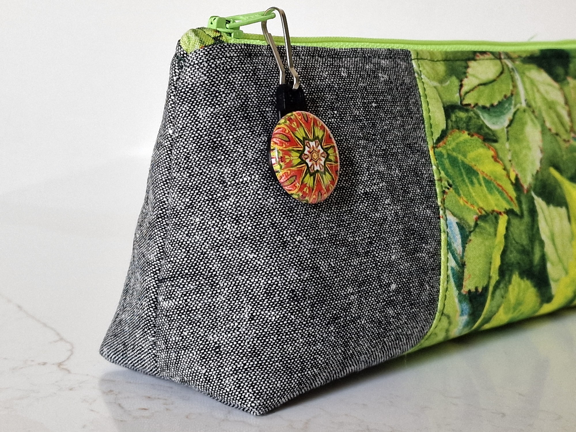 Green Leaves Cotton Pencil Case: Zippered Makeup Cosmetic Bag