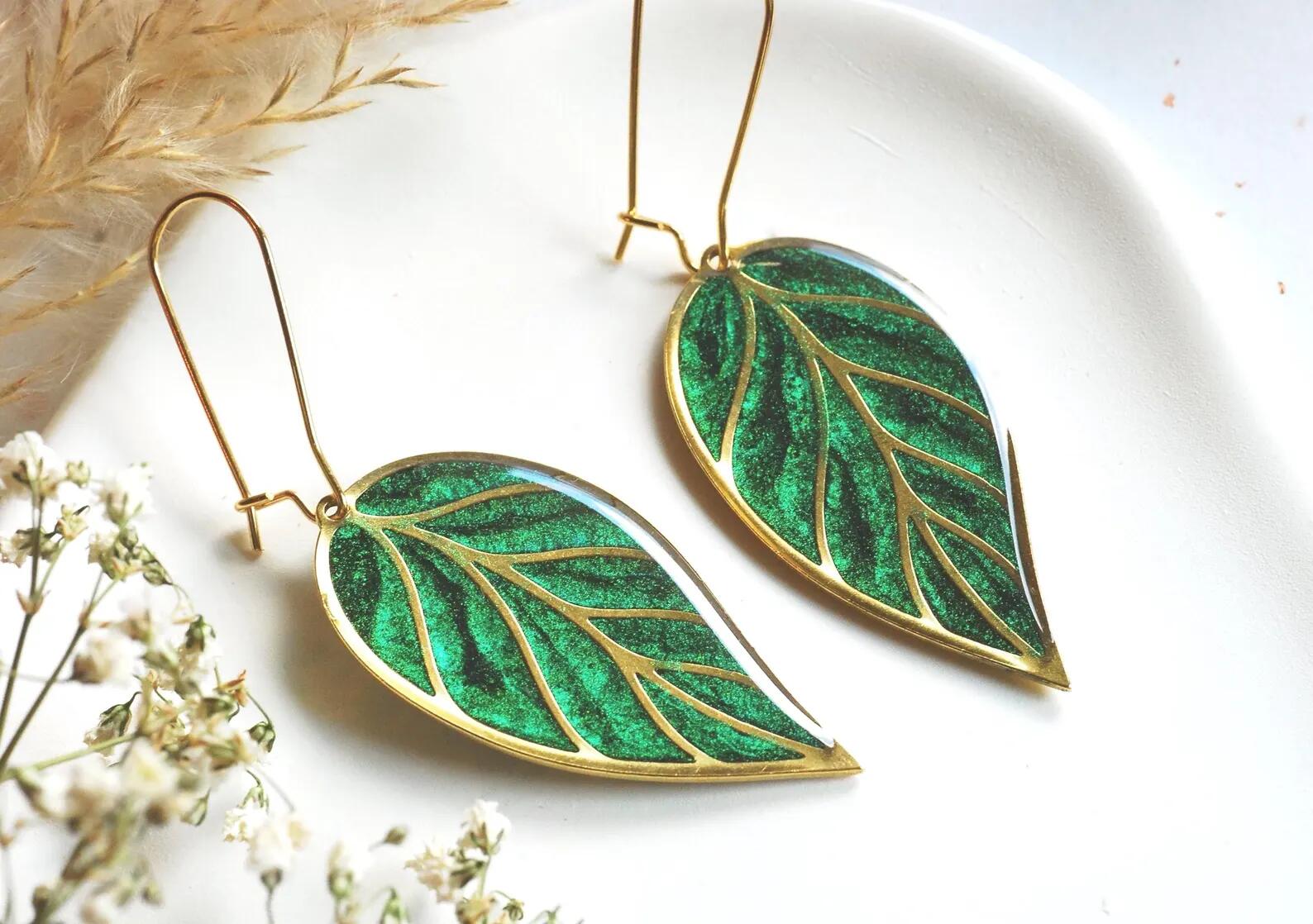 Green Leaf Earrings – Shifting Teal and Green Leaf Dangles, photo 4