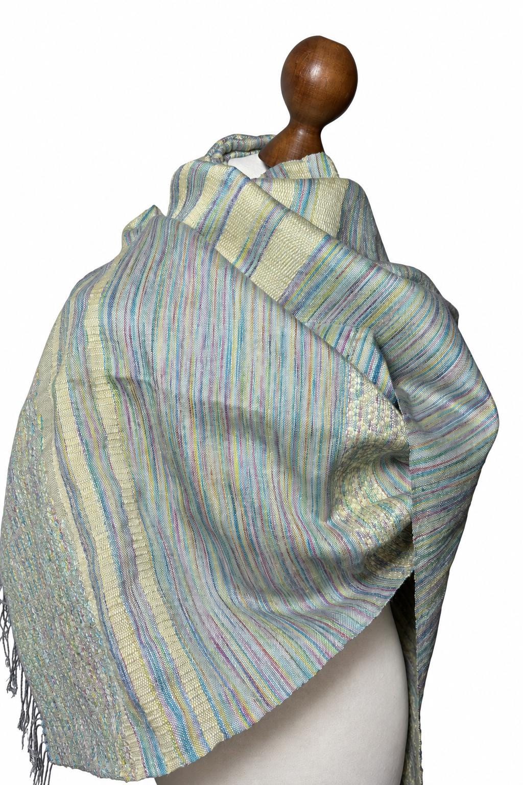 Handwoven Silk Scarf: Green Blue Yellow Floral Shawl Wrap, photo 4