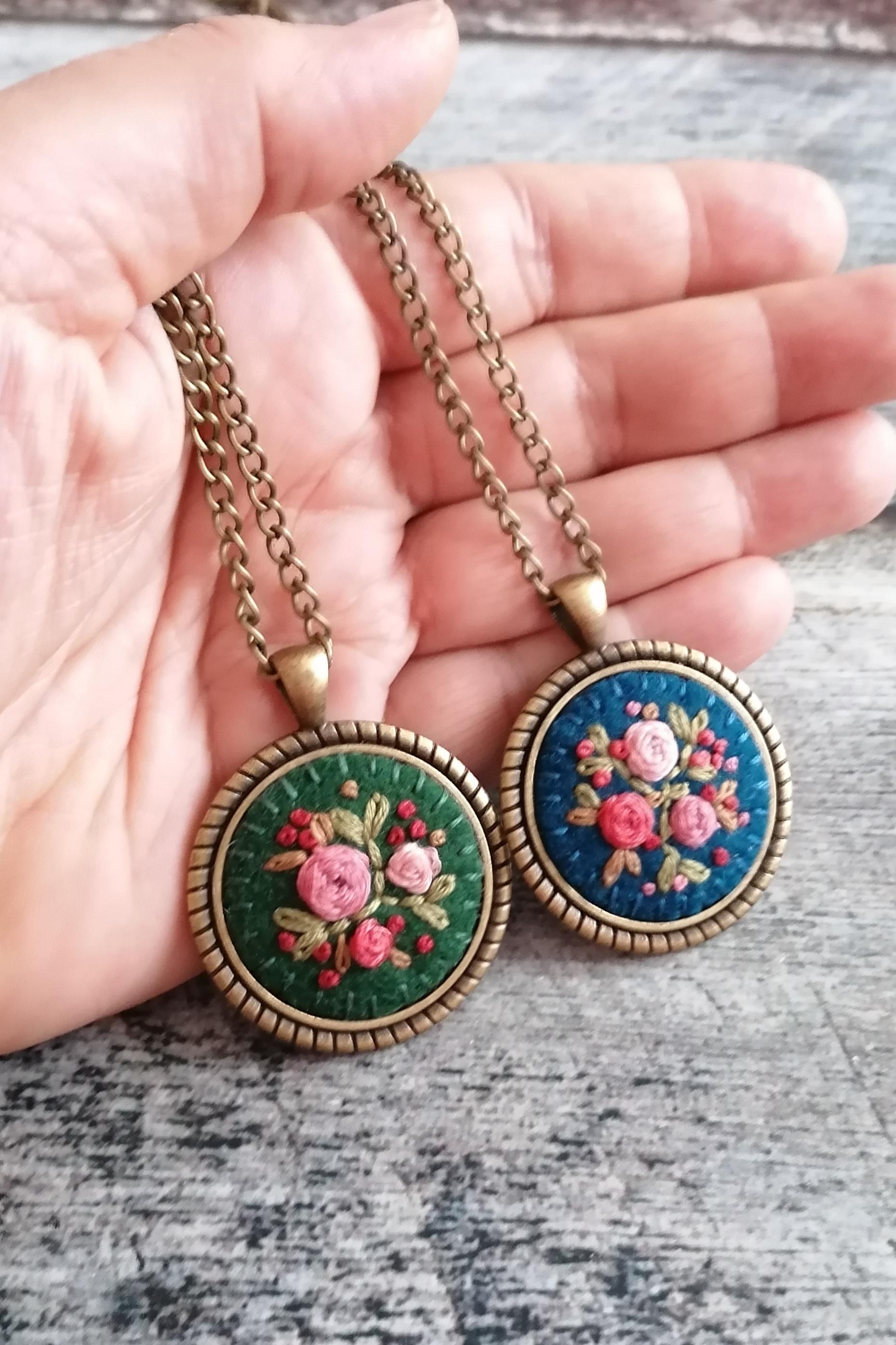 Hand Embroidered Necklace and Earrings, Pink Floral Rose Pendant, Dark Teal Blue Embroidery Necklace, photo 6