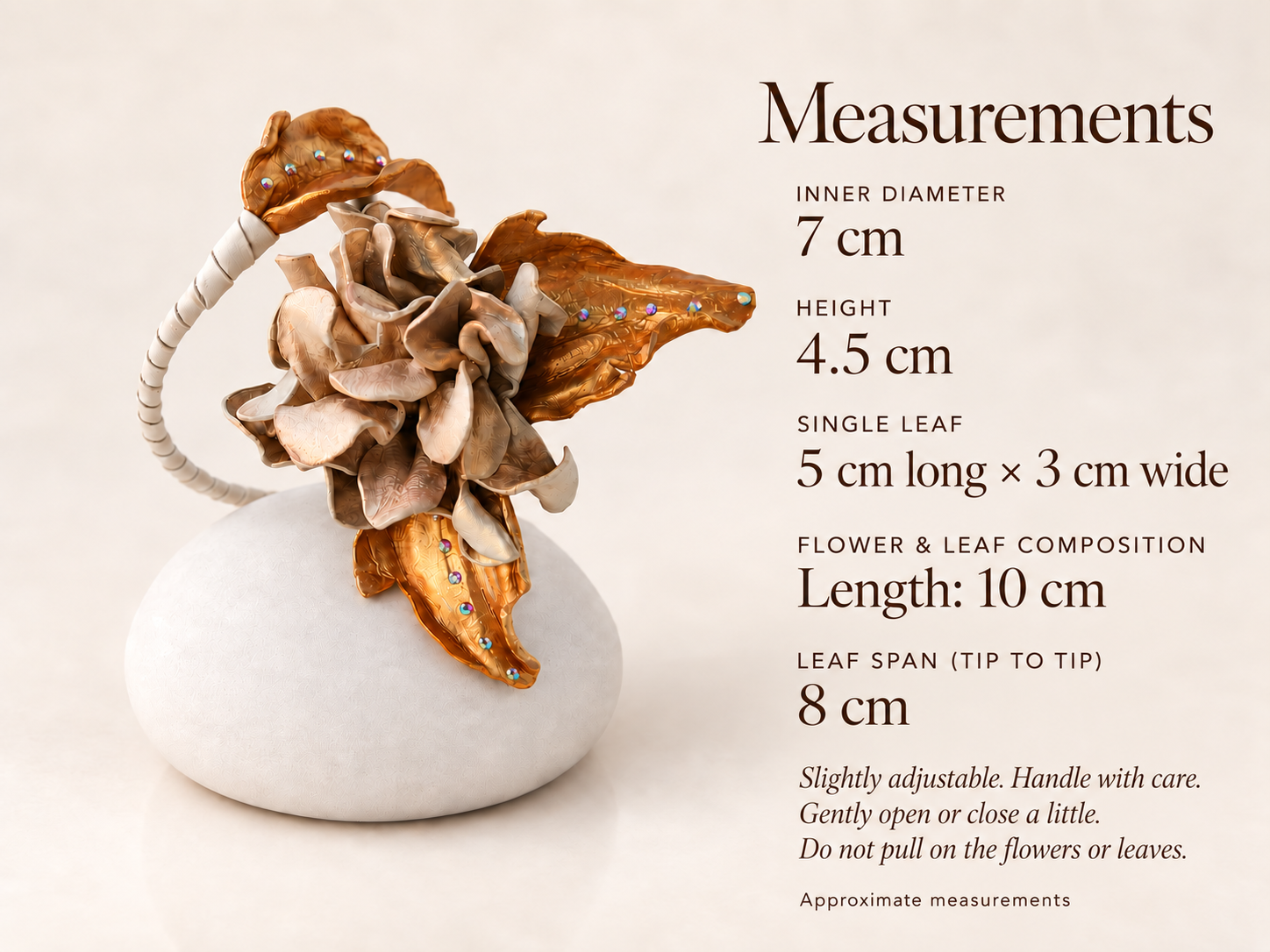 Sculptural Leather Flower Bracelet in Champagne & Gold, photo 5