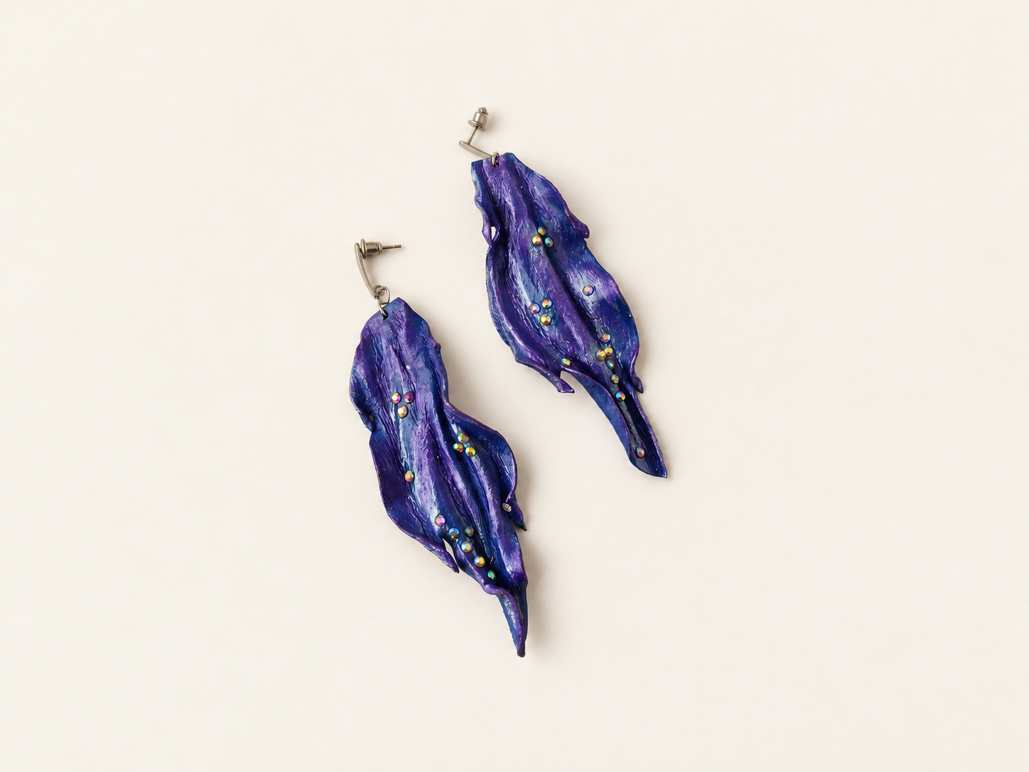Sculptural Blue-Violet Leather Earrings with Iridescent Crystals, photo 2