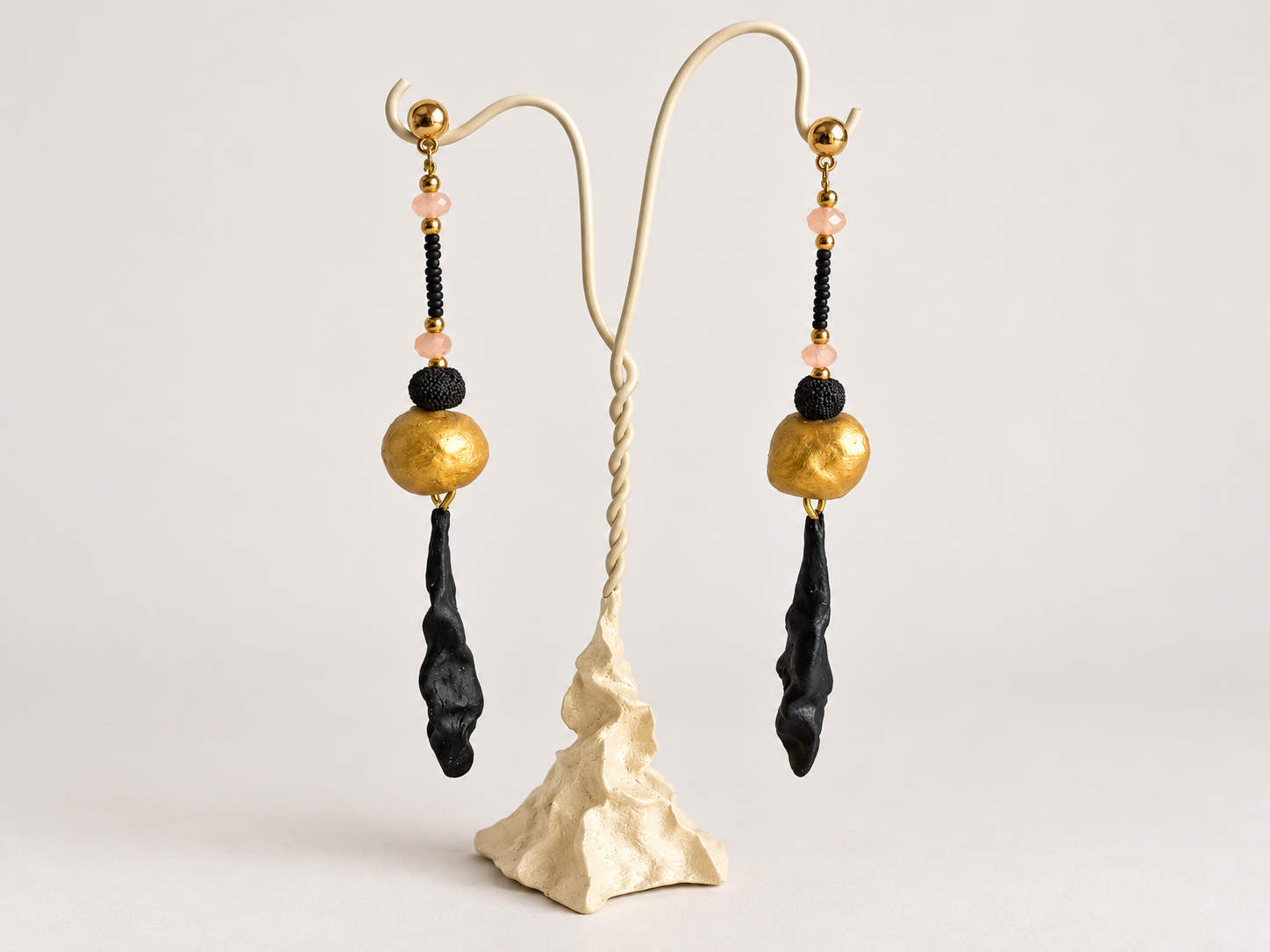 Black and Gold Papier-Mâché Drop Earrings with Beads