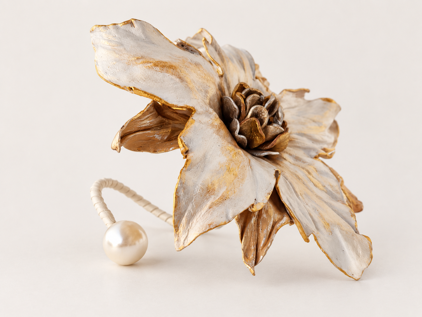 Hand-Shaped and Hand-Painted Leather Flower Cuff in Ivory and Gold