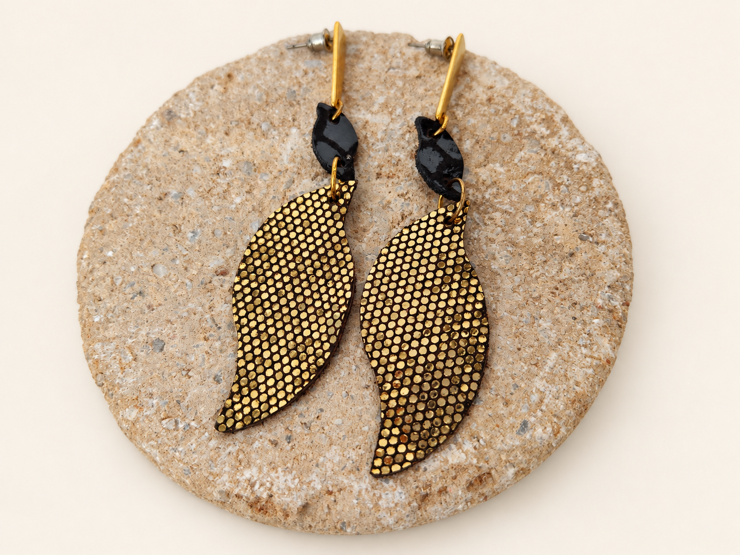 Black and Gold Leather Leaf Earrings with Snakeskin Texture, photo 4