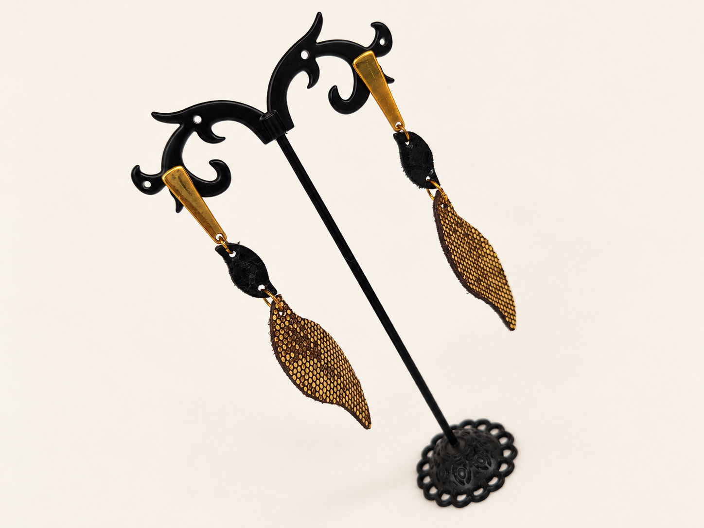 Black and Gold Leather Leaf Earrings with Snakeskin Texture, photo 5