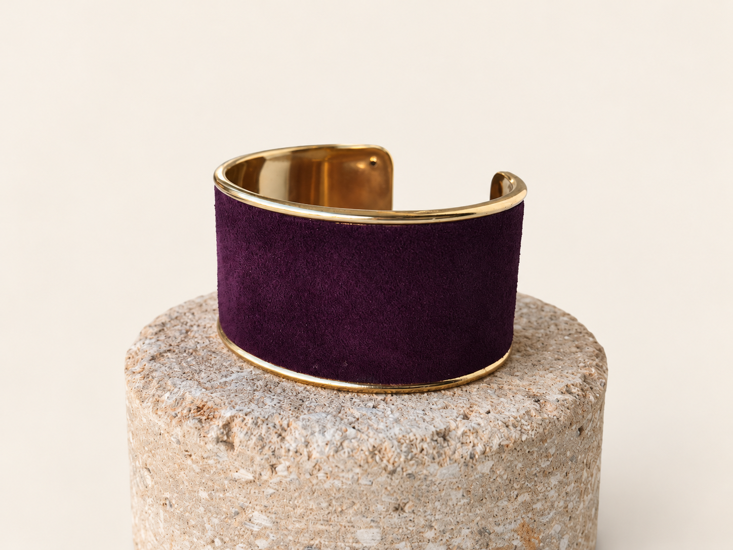 Handmade Purple Suede Cuff Bracelet, Gold-Tone Metal, Adjustable Fit, Custom Colors