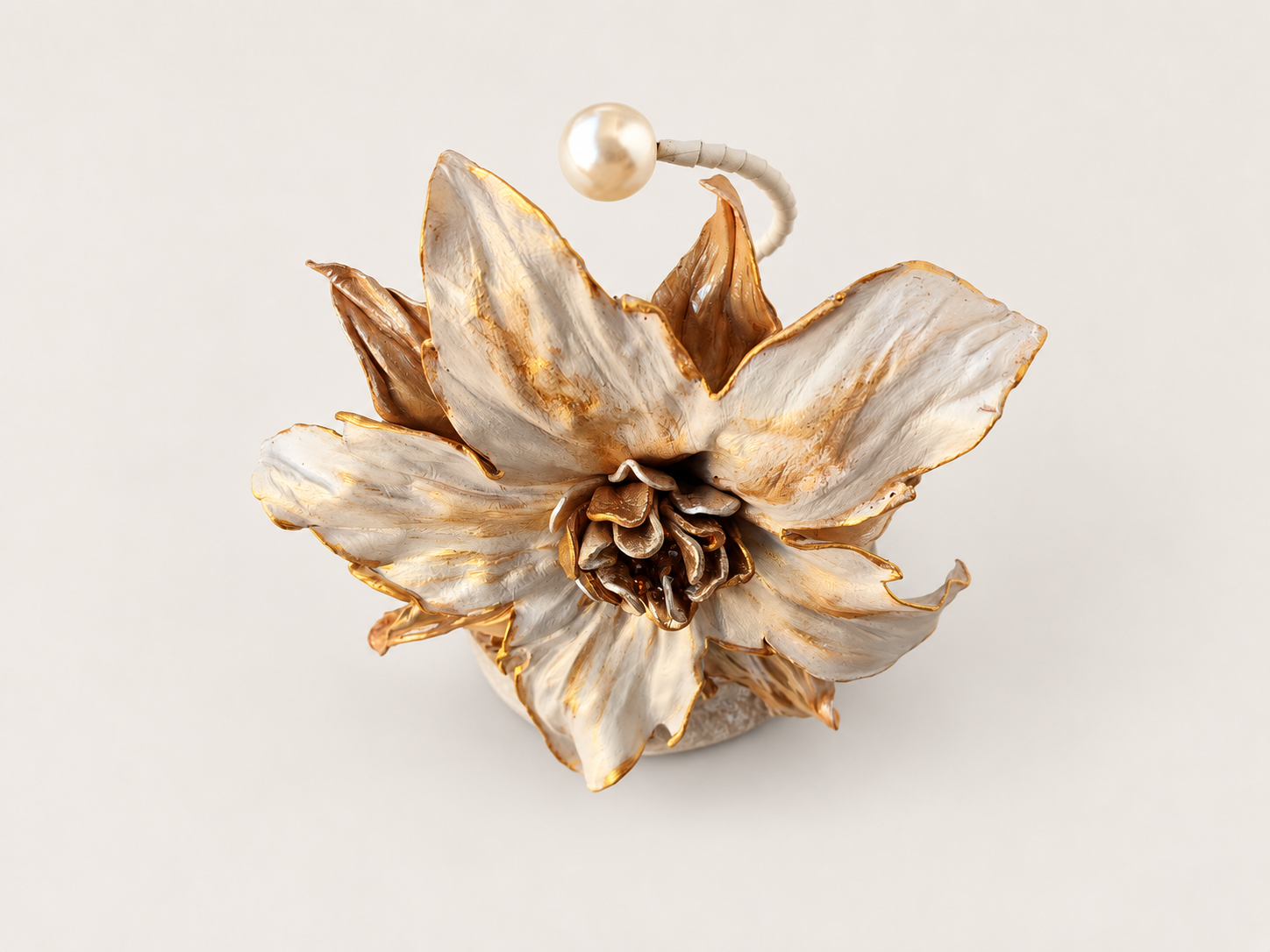 Hand-Shaped and Hand-Painted Leather Flower Cuff in Ivory and Gold, photo 6