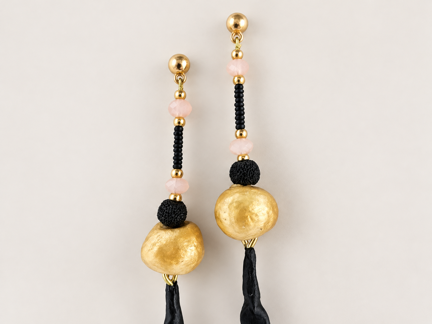 Black and Gold Papier-Mâché Drop Earrings with Beads, photo 3