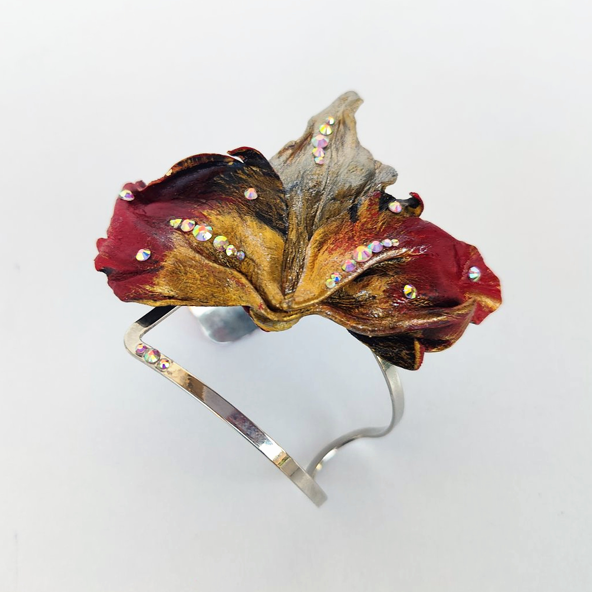 Burgundy Sculptural Leather Leaf Cuff Bracelet, photo 5
