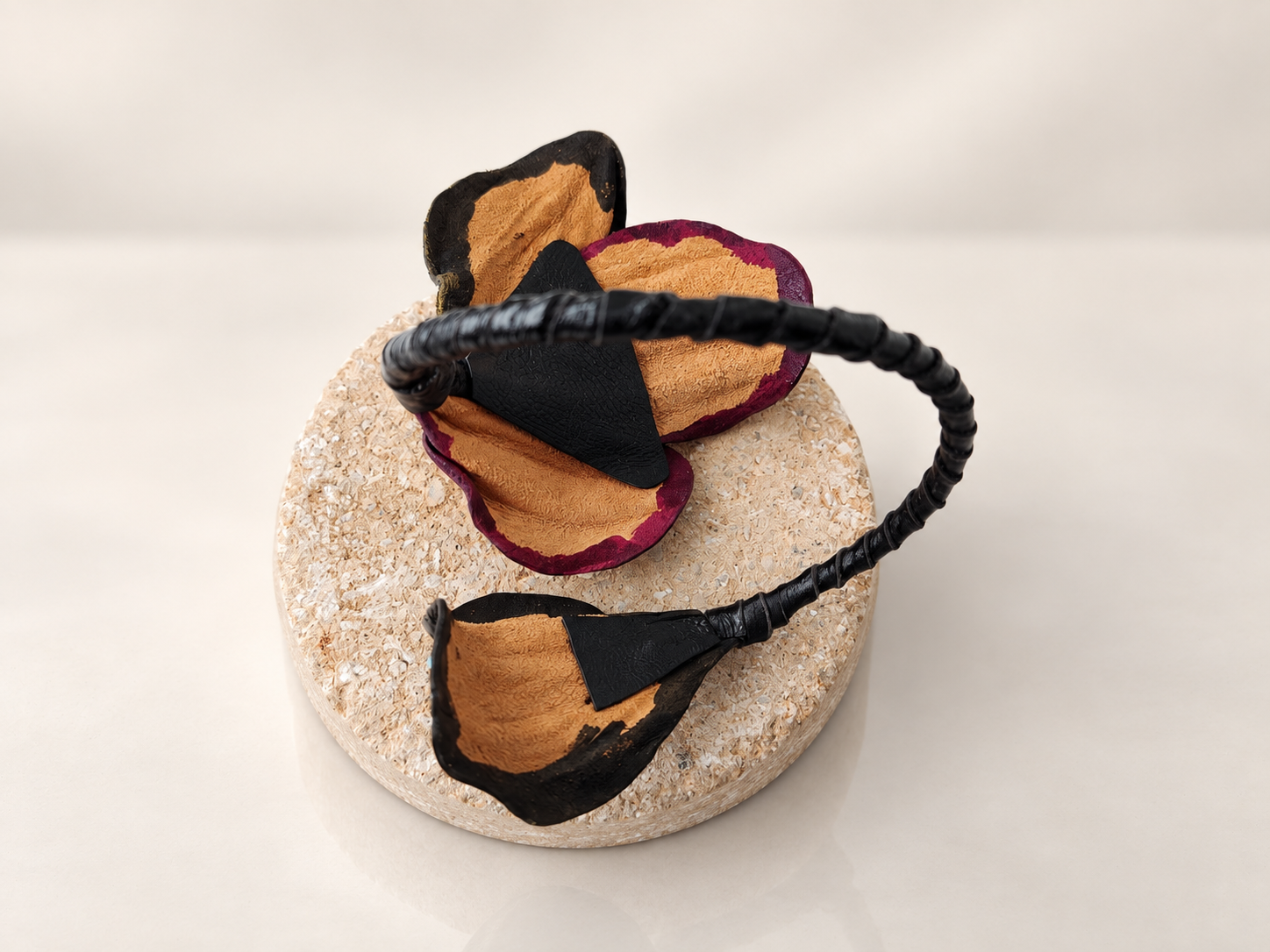 Sculptural Leather Leaf Cuff Bracelet with Iridescent Crystals, photo 4